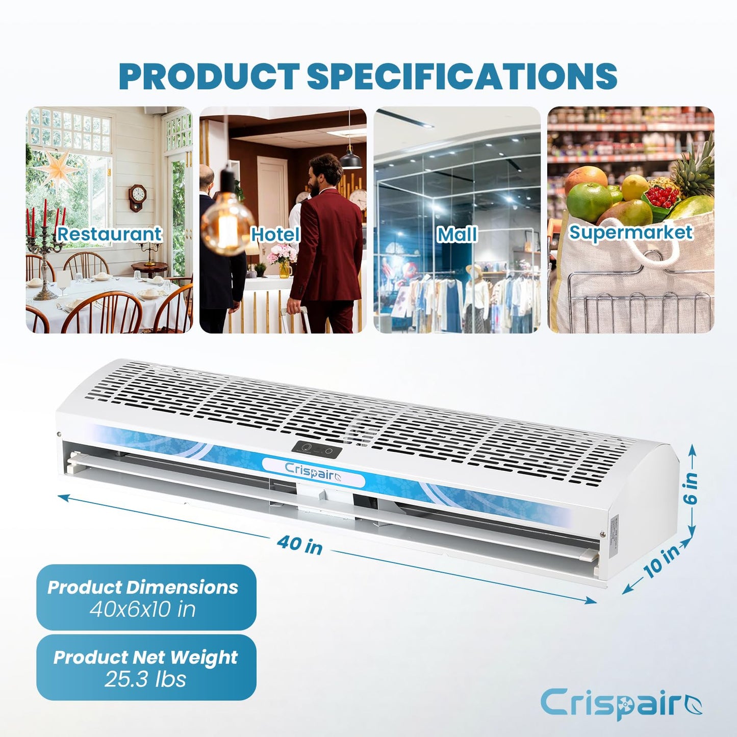 Crispaire 40" Commercial Air Curtain with Magnetic Switch & Remote - 2559 FPM High Velocity Air Door for Insect & Dust Control - 1527 CFM, 2-Speed Industrial Air Blower for Open Door, 110V