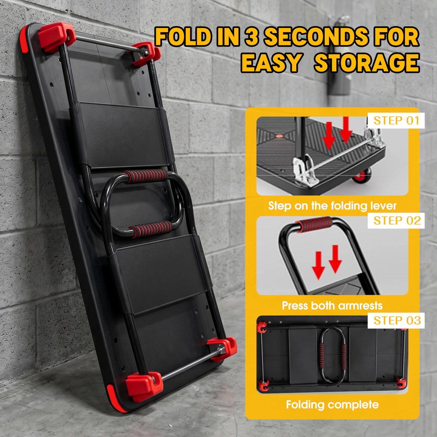 Platform Trucks Flatbed Cart Heavy Duty with 2 Handrails & 6 Rubber Wheels, Flat Dolly 2000lbs Capacity with Bungee Cord, 49.2"x27.56" Folding Hand Cart for Moving Furniture/Office/Warehouse/Garage