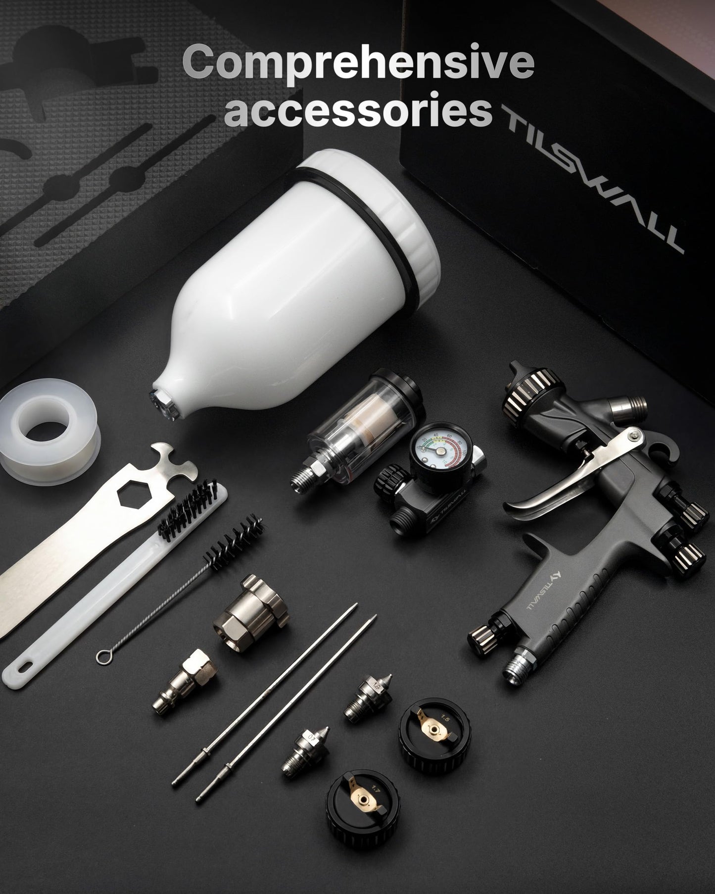 Tilswall Pinto LVLP Spray Gun Premium Kit, Ultral-Long Service Life Air Paint Gun with All-Stainless Steel Flow Channel, 1.3/1.5/1.7mm Nozzles & Accessories, Paint Sprayer Gun for Car, House Painting