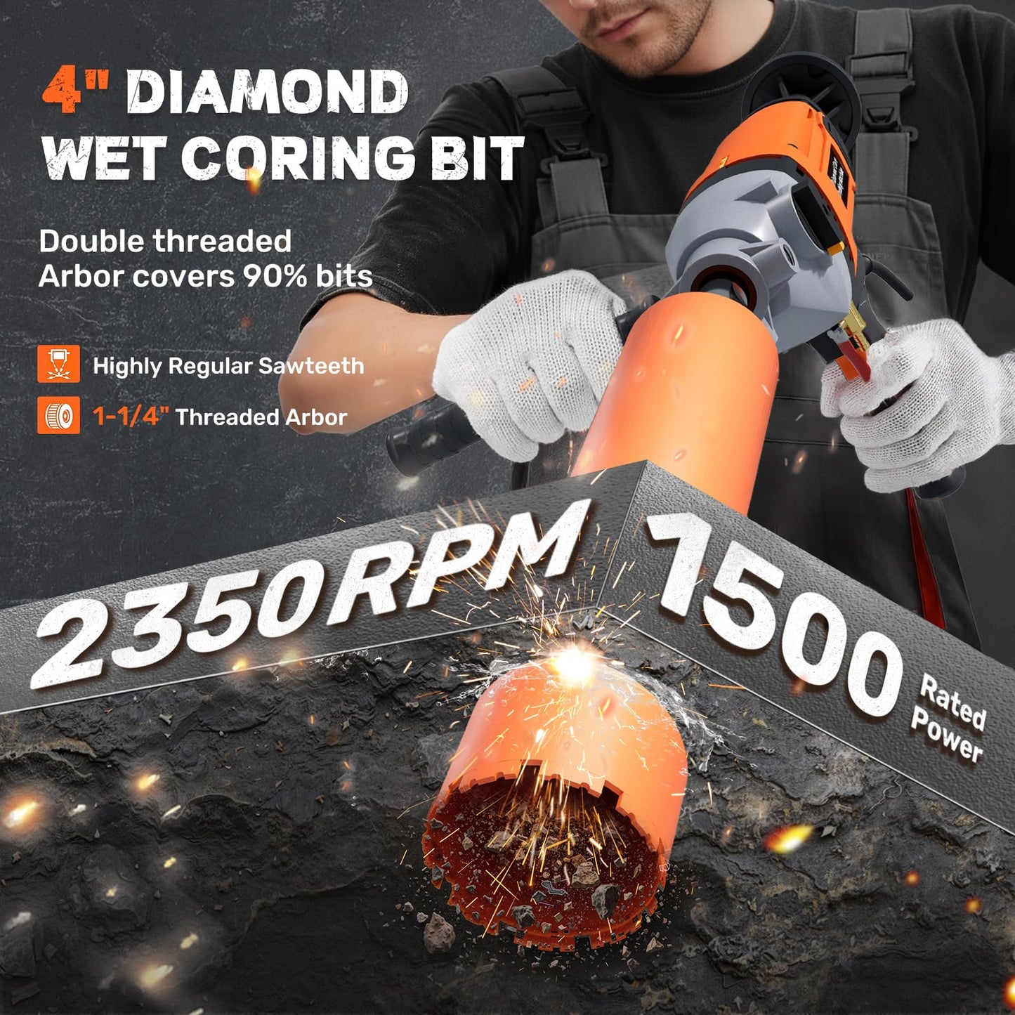 Zelurelle 4 inch Diamond Core Drill Machine, 1500W Handheld Concrete Core Drill Rig, 2-Speed Wet/Dry Drilling, 1350/2350RPM, 1-1/4" Thread, for Brick, Block, Stone, Reinforced Concrete