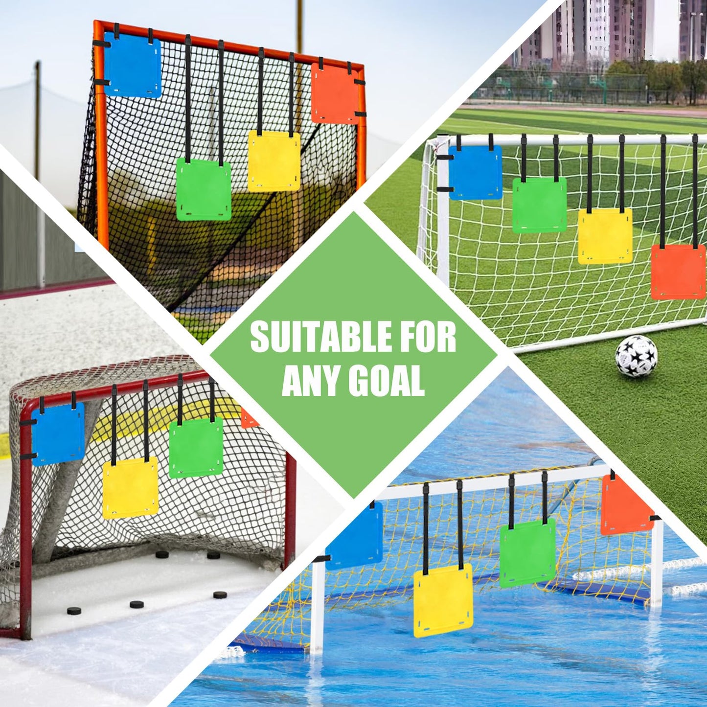 TOBWOLF 4-Piece Soccer Goal Target Set with Adjustable Straps, Square Targets (12" Sides) in Red, Green, Blue, Yellow, TPE Material for Soccer, Lacrosse, Hockey, Baseball Training
