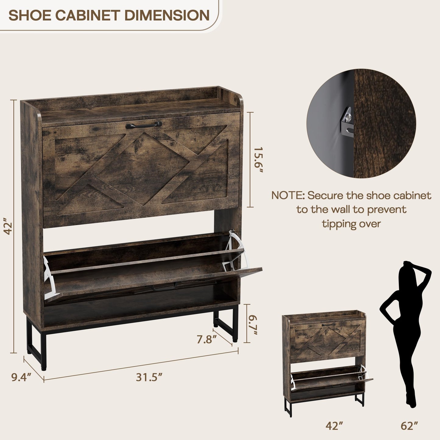 Nicetree Shoe Cabinet with 2 Flip Drawers, Freestanding Shoe Storage Cabinet with Metal Legs, Farmhouse Shoe Organizer for Entryway, Foyer, Hallway