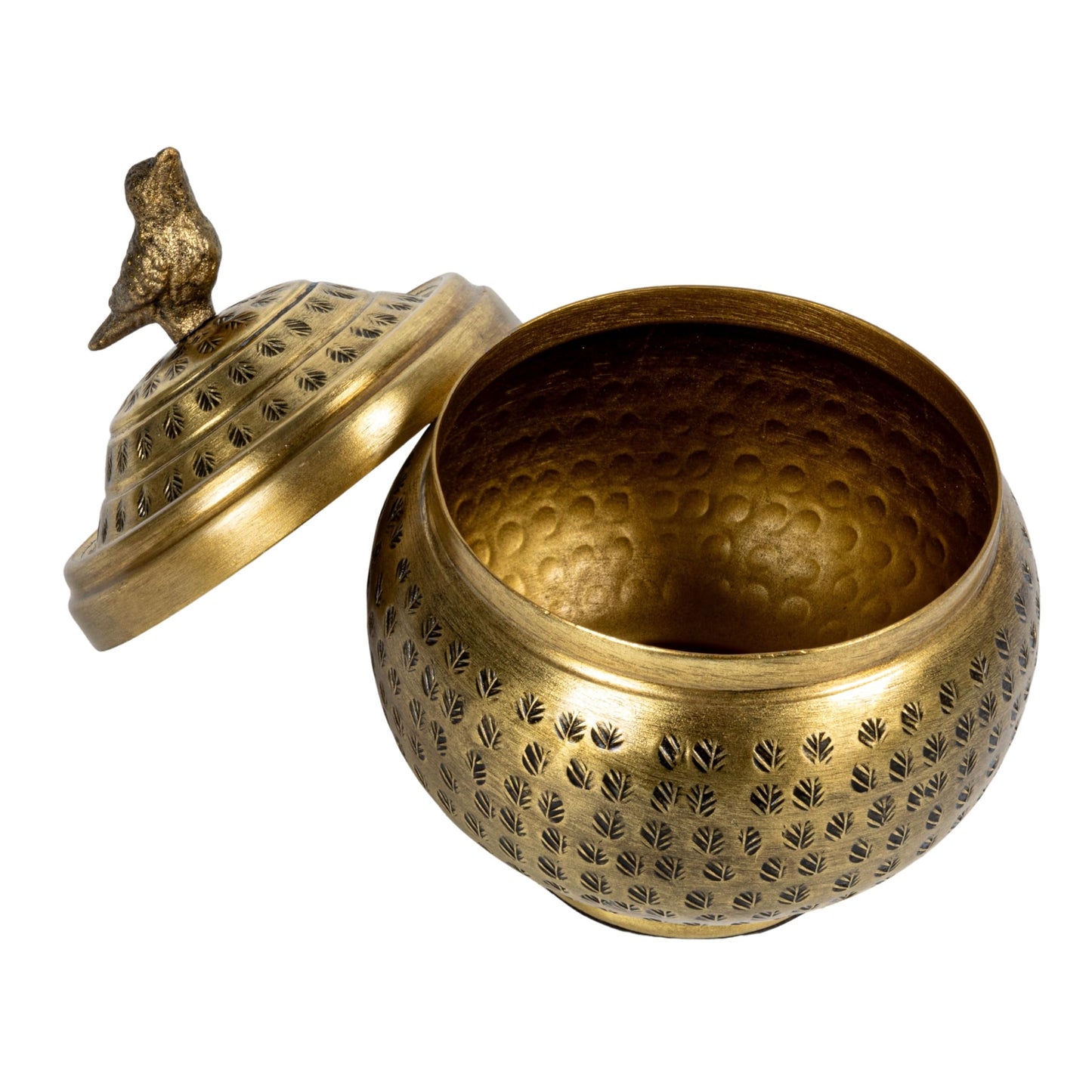 Round Hammered Metal Container with Bird Finial, Brass Finish