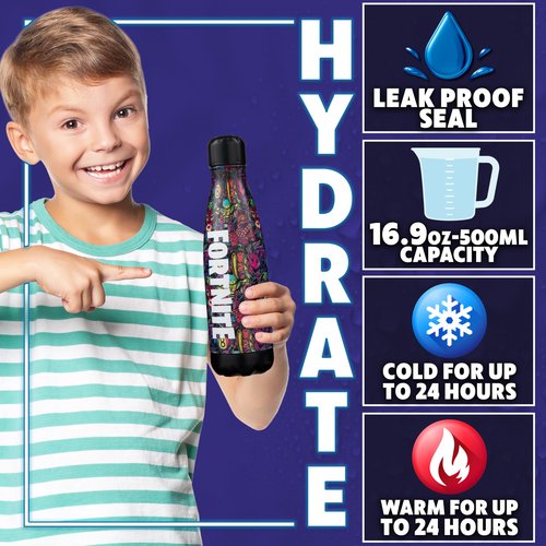 Fortnite Water Bottle for Adults & Teens 500ml, Insulated Stainless Steel Metal Flask for 24 Hours Hot & Cold Drinks, Eco-Friendly BPA Free, Gifts for Her & Him (Multi Fortnite)