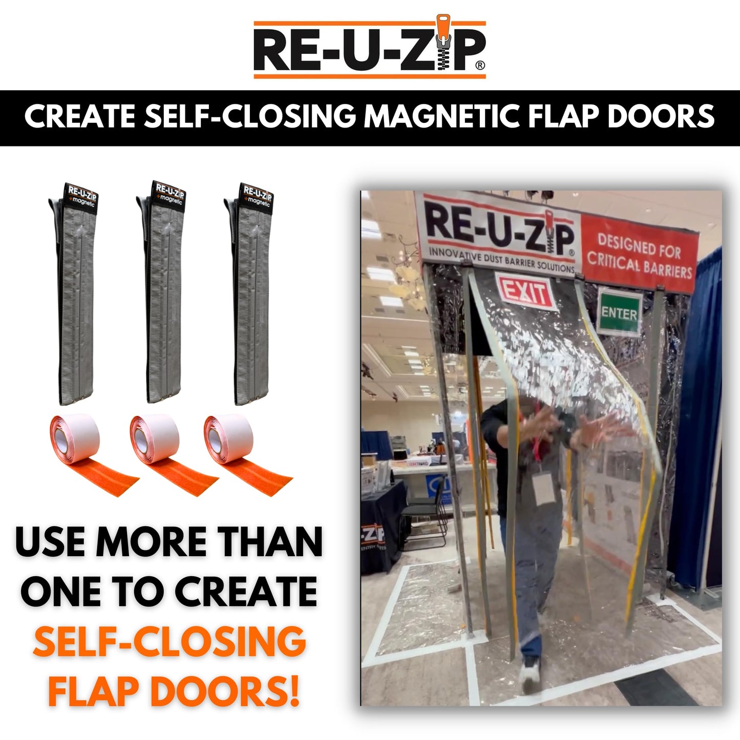 RE-U-ZIP Self-Closing Magnetic Dust Barrier Entry Strip, Hands-Free Zipper Alternative for Plastic Sheeting, Reusable, Custom Placement & Works Under Negative Air, 3-Pack