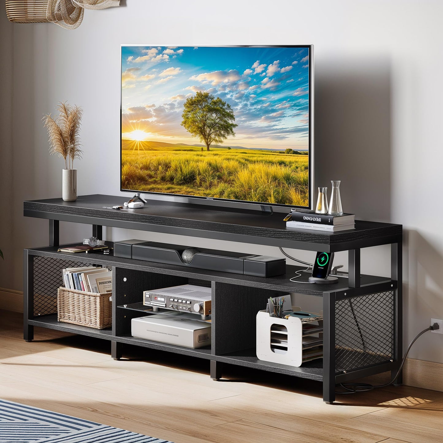 DWVO Living Room TV Stands for 70/65 inch TV LED Entertainment Center with Storage, Modern Television Stand, Industrial Media Console Cabinet with Power Outlets, Black