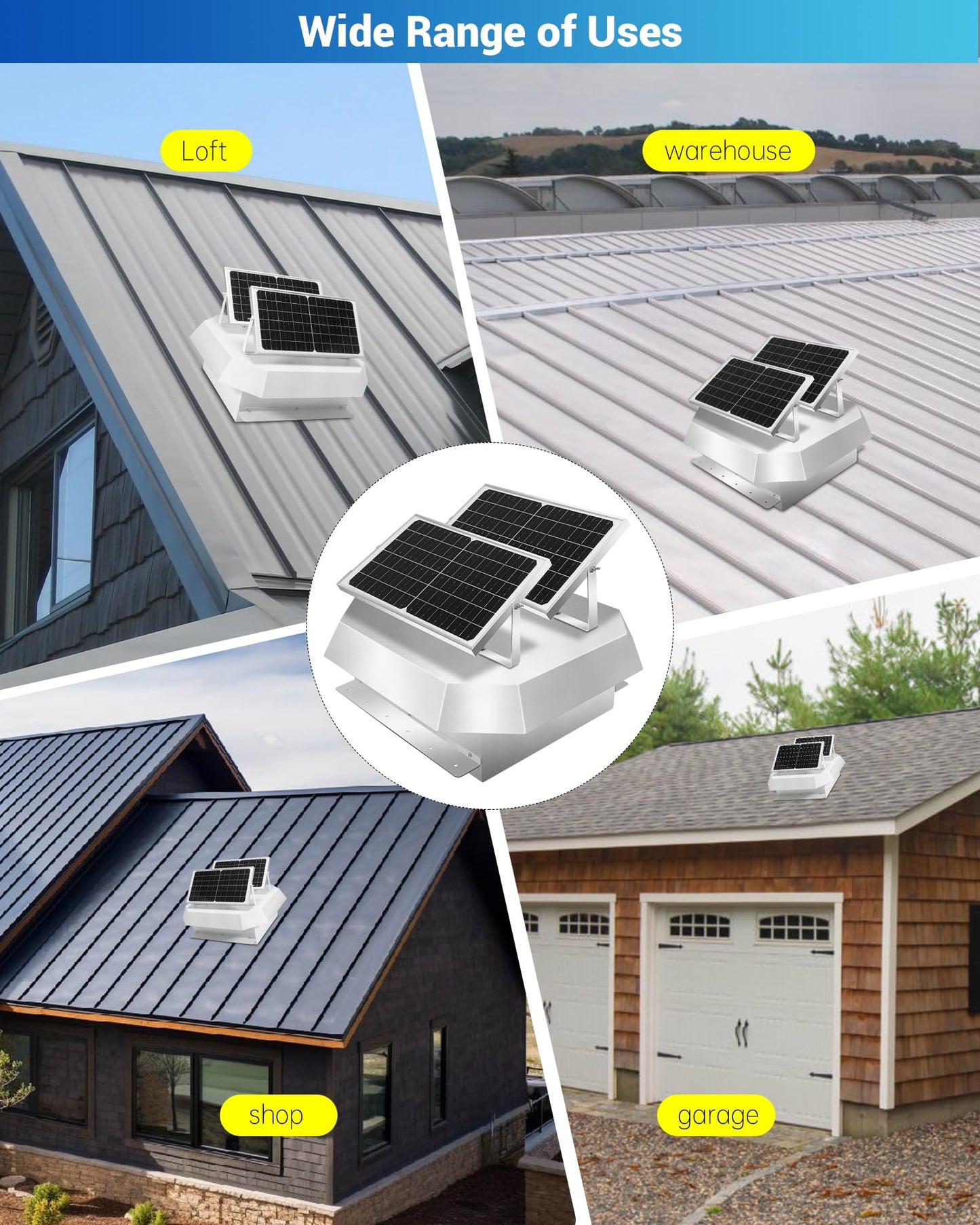 Solar Powered Roof Vent Fan with Four High-Speed Fans, Ventilation and Cooling Solar Attic Exhaust Fan, Suitable for Lofts, Shops, Garages