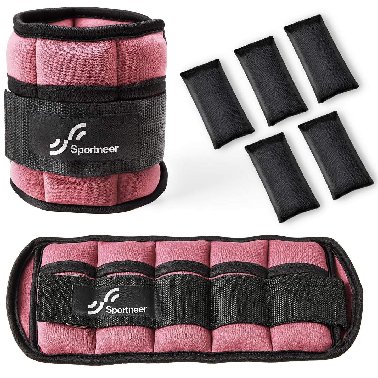 Sportneer Adjustable Ankle Weights Set - 1 Pair (2-10 lbs) Removable Sandbags for Women & Men, Comfortable Neoprene Leg Weights for Walking, Running, Pilates, Yoga, Home Workout & Physical Therapy, Rosy Melon, 5 lbs x 2)