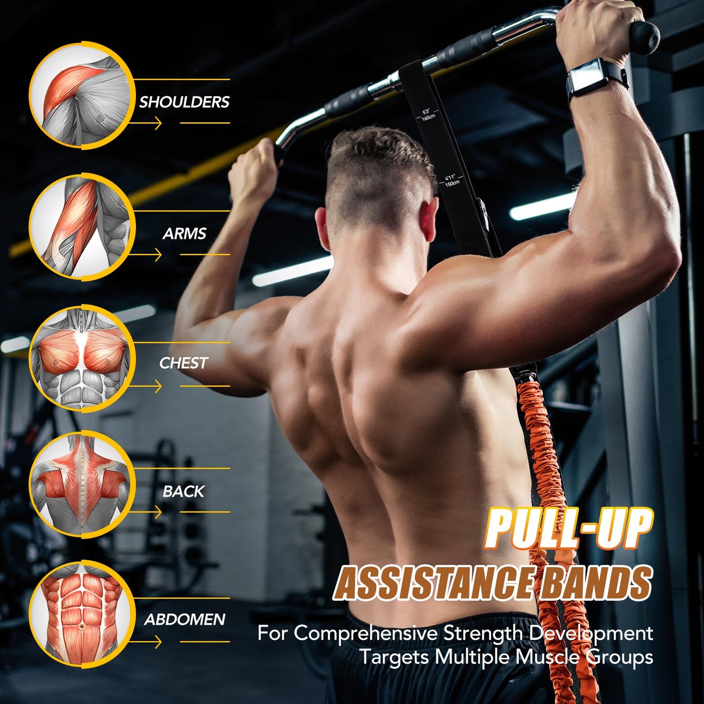 ALongSong Pull Up Assistance Bands with Foot Support Pedal Upgraded Heavy Duty Resistance Bands Adjustable Weight/Height with 4x80Lbs Bands&Measured Strap for Strength Training Home Gym Workout-Orange