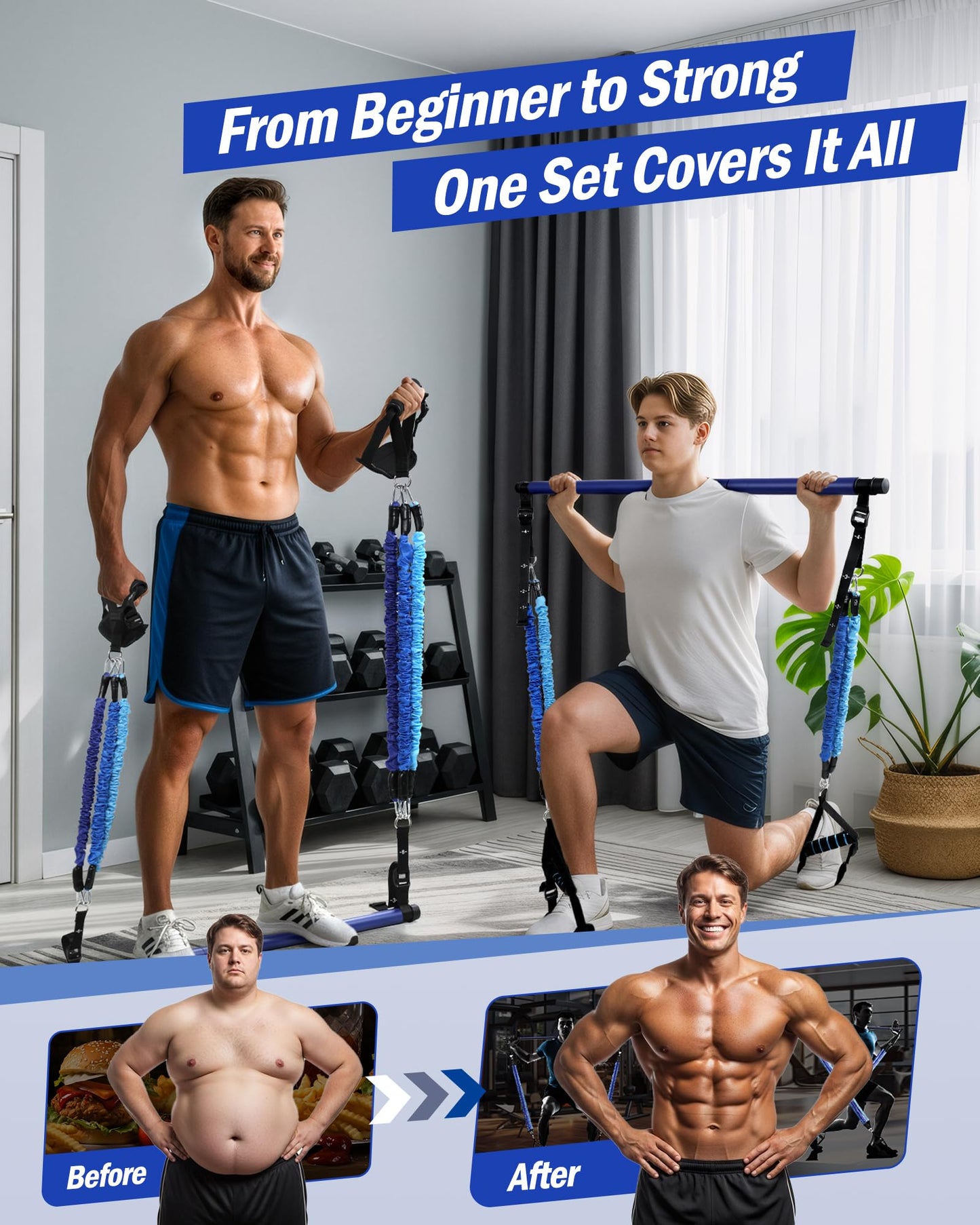 ALongSong Upgraded Pilates Bar Kit with Resistance Bands Natural Latex, Heavy-Duty Stainless Steel Multifunctional Yoga Pilates Stick for Home Gym Exercise Fitness Equipment Full-Body Workouts