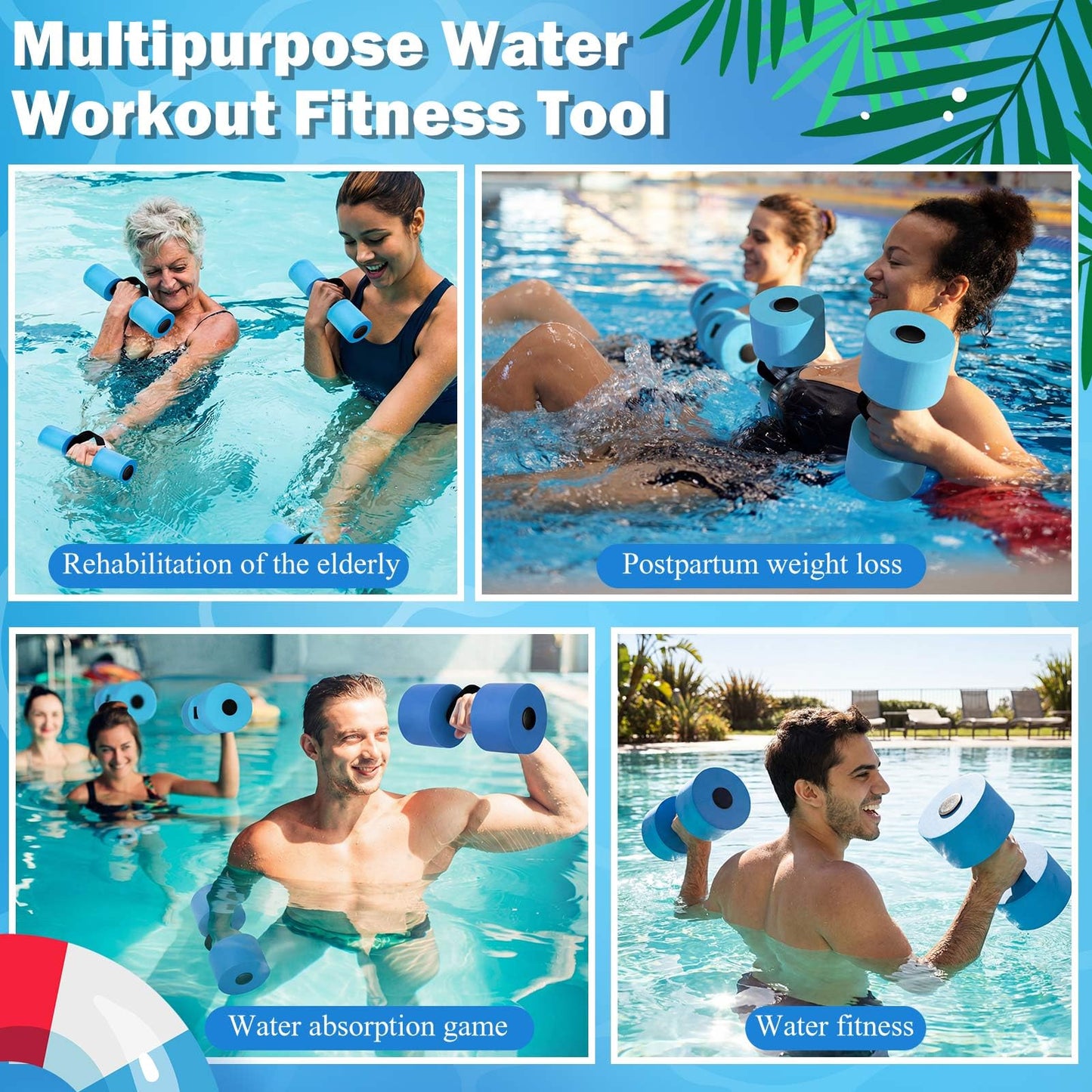 Soulchen Pool Exercise Equipment Water Dumbbells Pool Resistance Aerobic Weights EVA Foam Dumbbell with Handle Strip Assorted Size for Aqua Therapy Water Aerobics Weight Loss Fitness(Azure Glow)