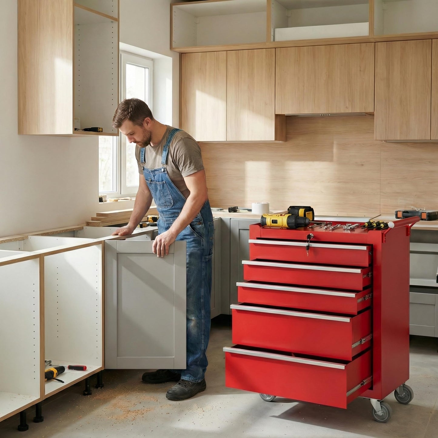SierraSquad Rolling Tool Chest, 5-Drawer Tool Storage Cabinet, Tool Box with Wheels, Lock System and Drawer Liners, Tool Cart for Warehouse, Workshop and Repair Shop, Red