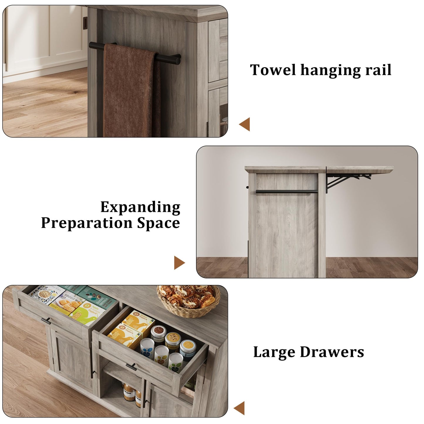 GarveeHome 41 in Rustic Kitchen Island on Wheels - Wood Drop-Leaf Table with 3-Tier Storage, Mobile Coffee Bar Cart (Light Gray)