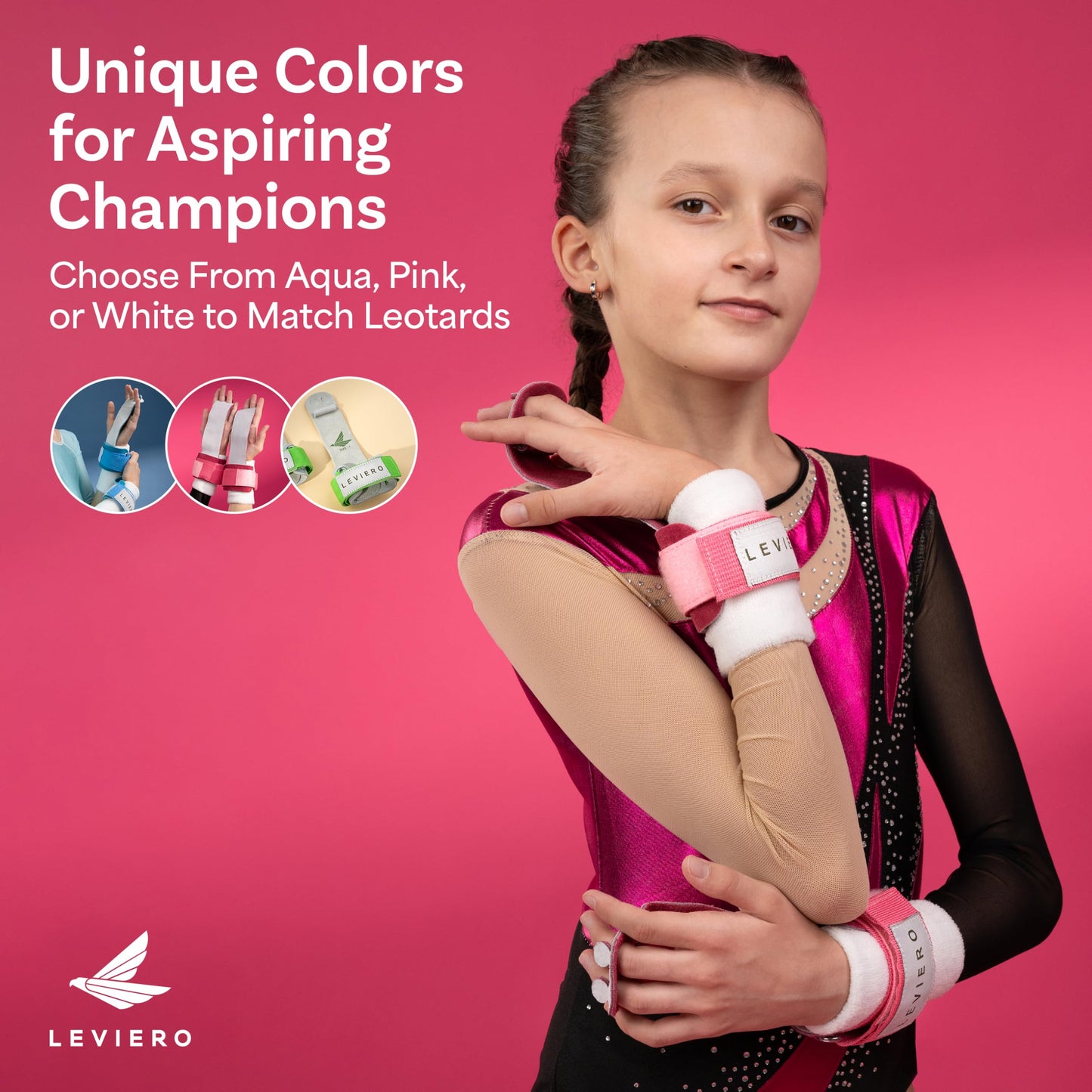 LEVIERO Gymnastics Grips Set, Grips for Gymnastics Girls, Dowel Grips with Soft Leather, Hook and Loop Wrist Straps, and Adjustable Finger Holes, for All Ages - (Pink, 2)