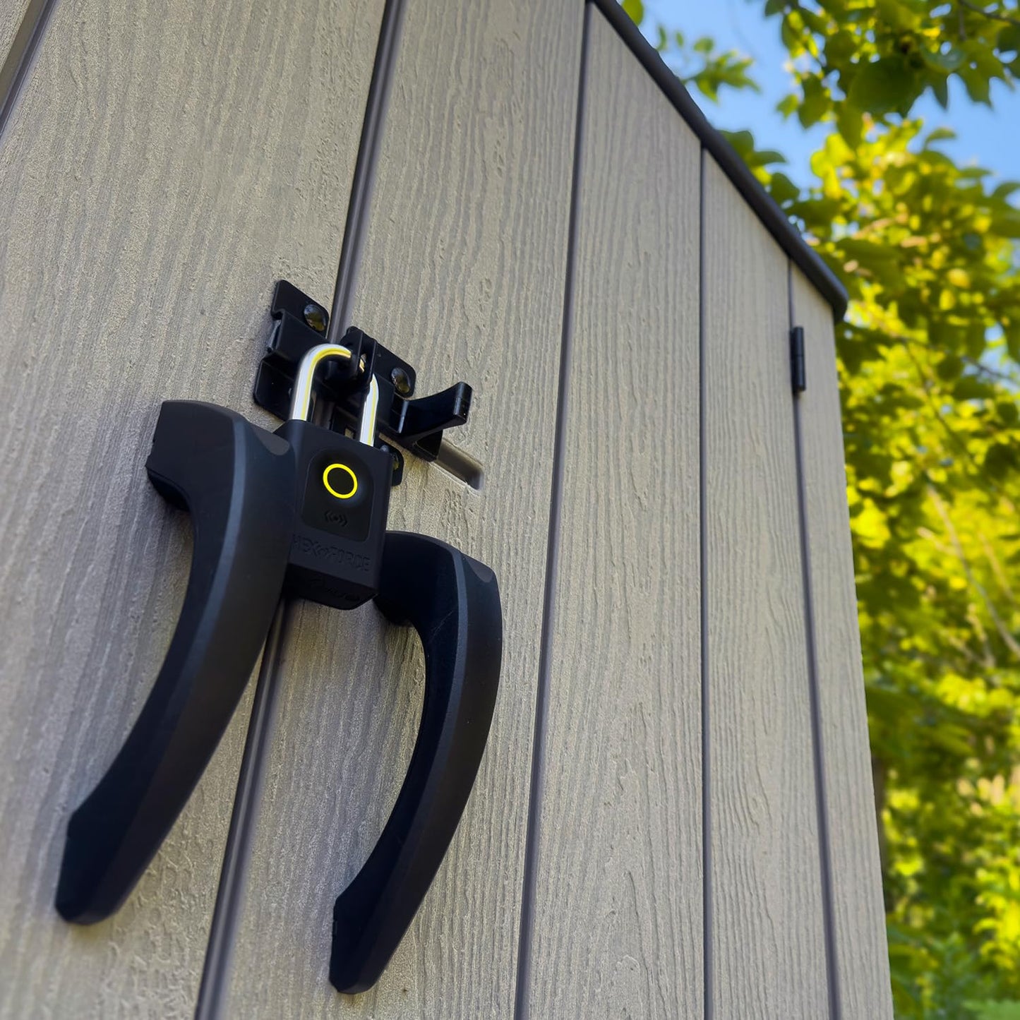 Smart Fingerprint Padlock - HEXFORCE G1, Heavy Duty Dual-Ball Locking, IP67 Weatherproof, Keyless Biometric and Bluetooth Control, W56*H134MM, Long Shackle Designed for Outdoor Shed Fence Gate Garden