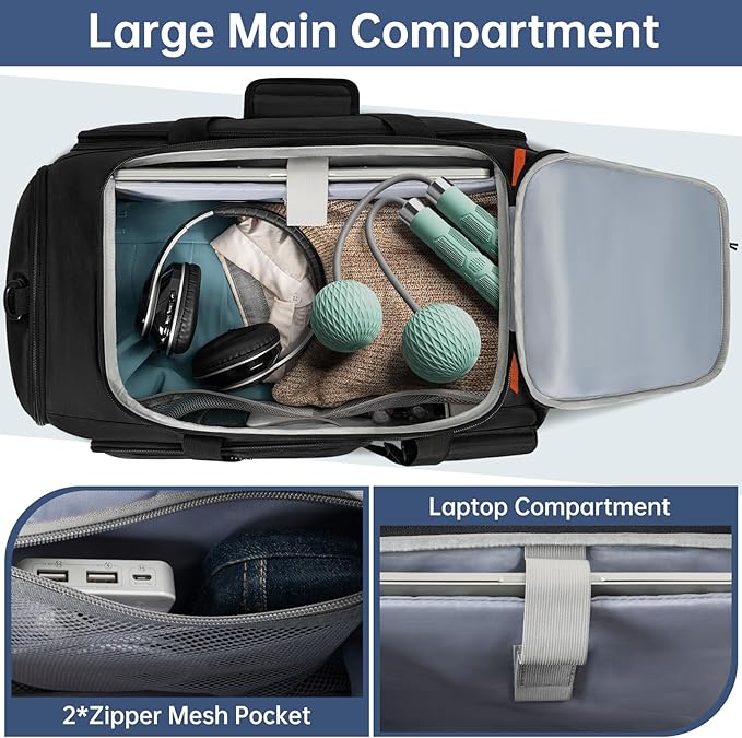 Gym Bag for Women & Men, Sports Travel Duffle Bag with Shoe Compartment, Anti-Theft Carry On Weekender Bag, Water Resistant Overnight Backpack for Airplane, Gym, Travel (Black)