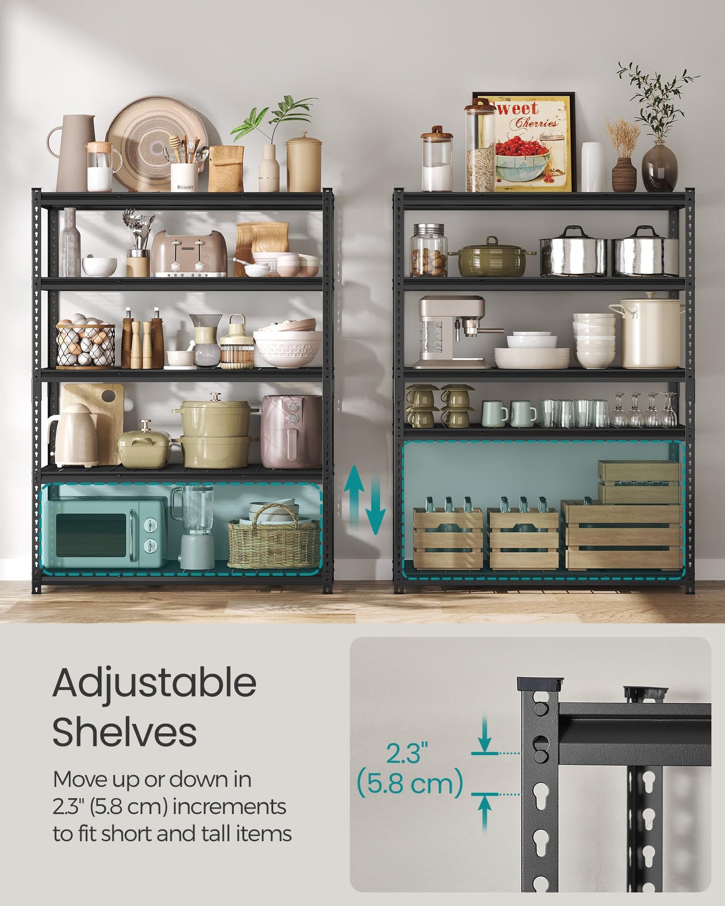 SONGMICS 5-Tier Storage Shelves, Heavy-Duty Garage Shelving, Adjustable Shelving Unit, Steel Shelf, Boltless Assembly, for Garage, 2,200 lb Load, 24 x 48 x 72 Inches, Ink Black UGLR454B01
