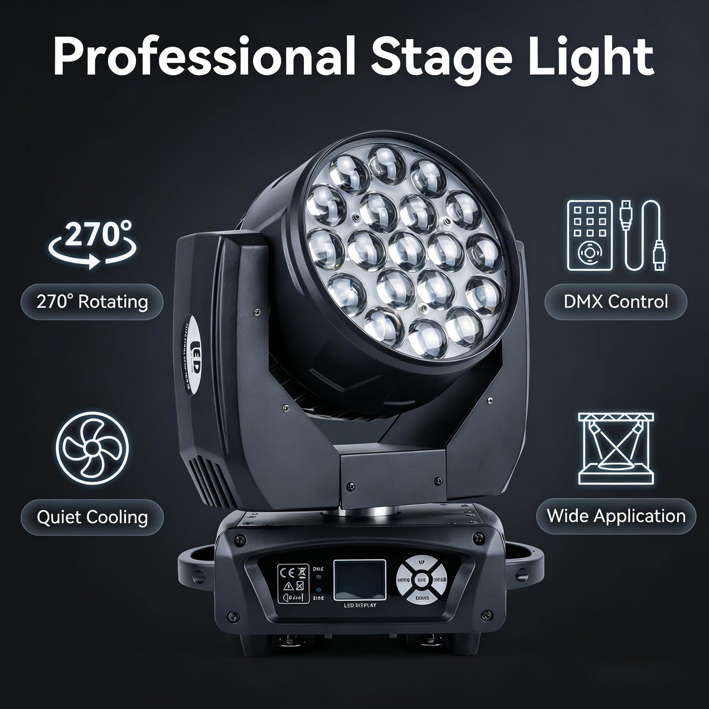 JCYWFLODY 19x15W Moving Head Light for Stage Lighting Effect, RGBW 4-in-1 LED Stage Light with Zoom Beam Wash, Auto DMX Control DJ Lights for Parties Wedding Disco Music Nightclub Show Bar, 1 Pack