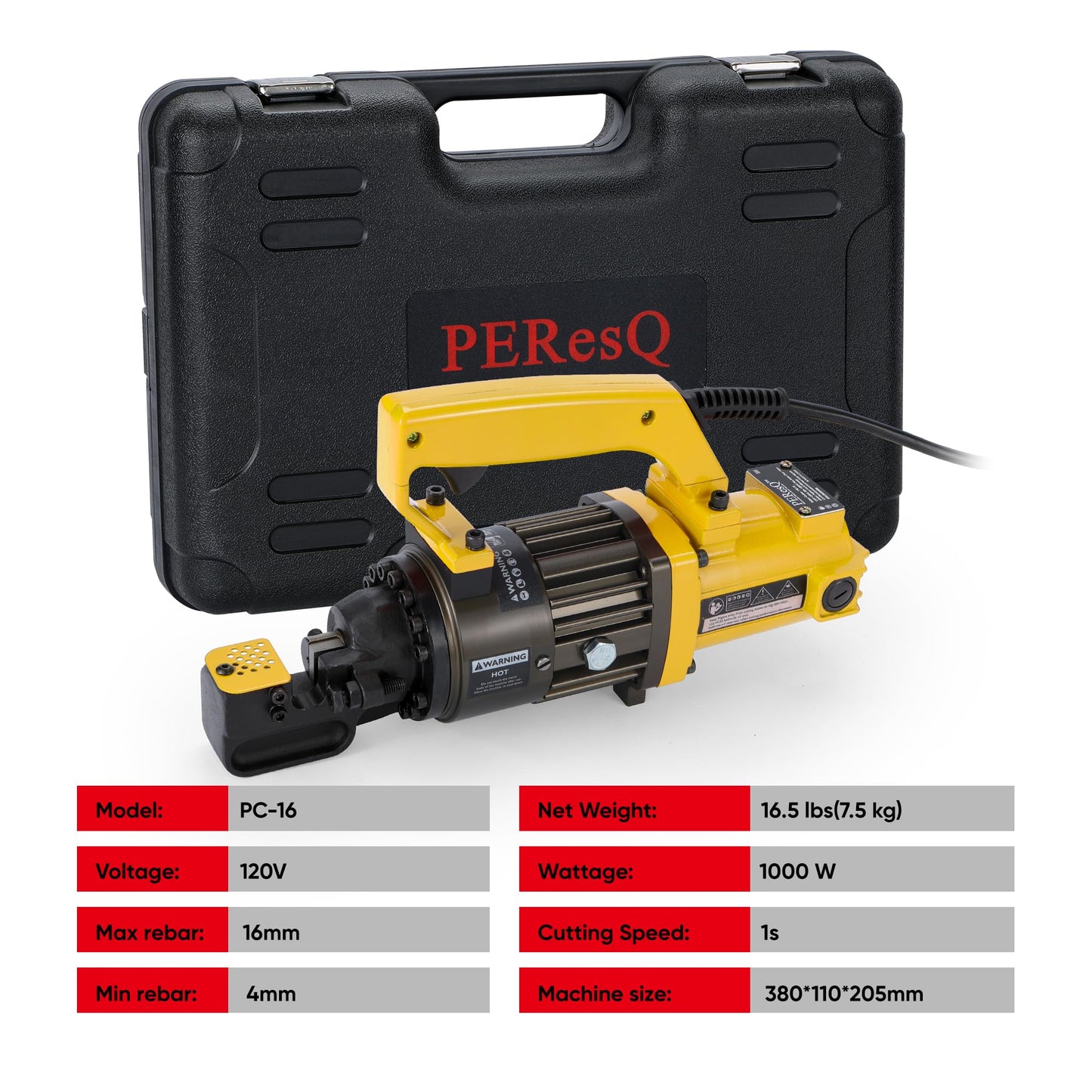 PEResQ Electric Hydraulic Rebar Cutter, 1000W 120V Corded, Portable Steel Bar Cutter, 5/8" (#5) 4-16mm Capacity,Cutting Speed 1s, Lightweight 16.5 lbs, Model PC-16 (Yellow-16)