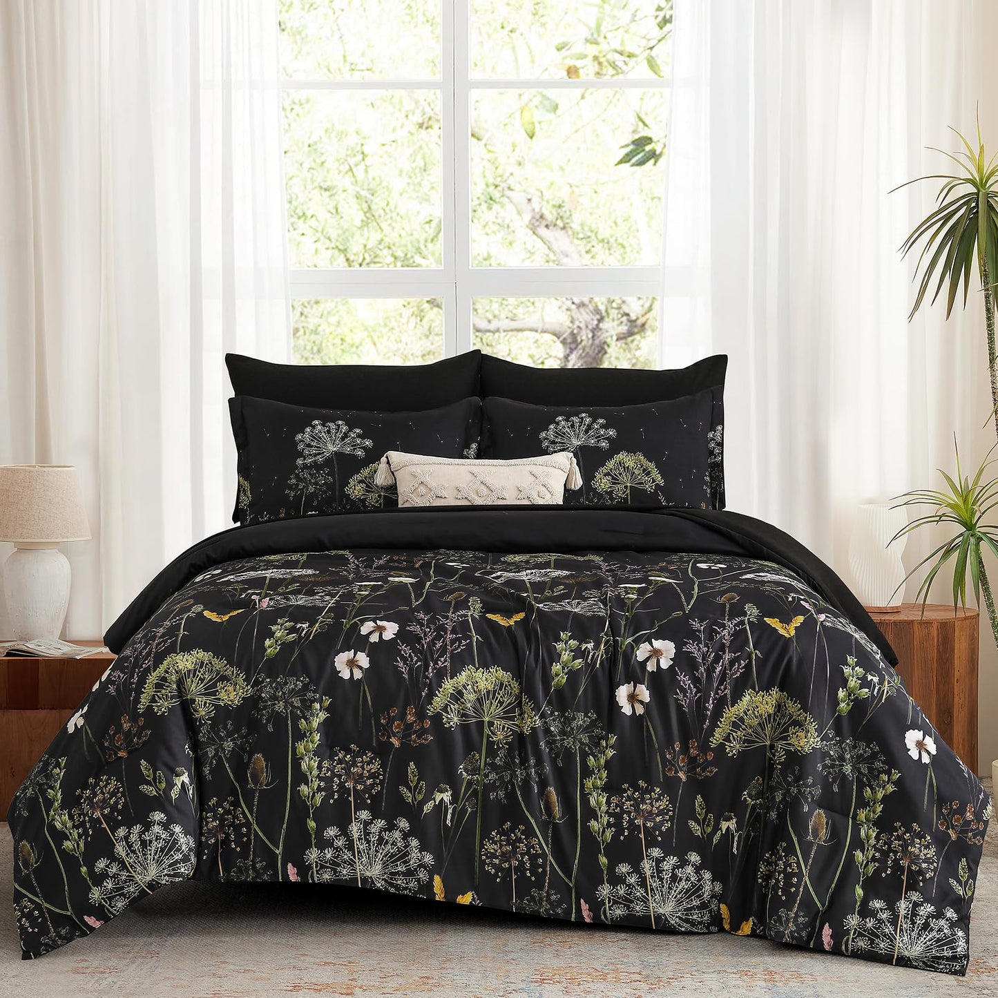 Yiran Queen Comforter Set, 7 Piece Black Dandelion Floral Comforter Bedding Set, Winter Bed in a Bag Queen, Soft Microfiber Complete Bedding Set with Sheets for All Season