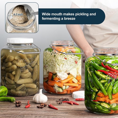Dwbligt 2 Pack 1.5 Gallon Glass Jar With Airtight Lid, Large Mason Jars Wide Mouth with Scale Marks, Big Glass Storage Containers with Heavy-duty Handles & Non-slip Bases - for Flour, Pickling (192Oz