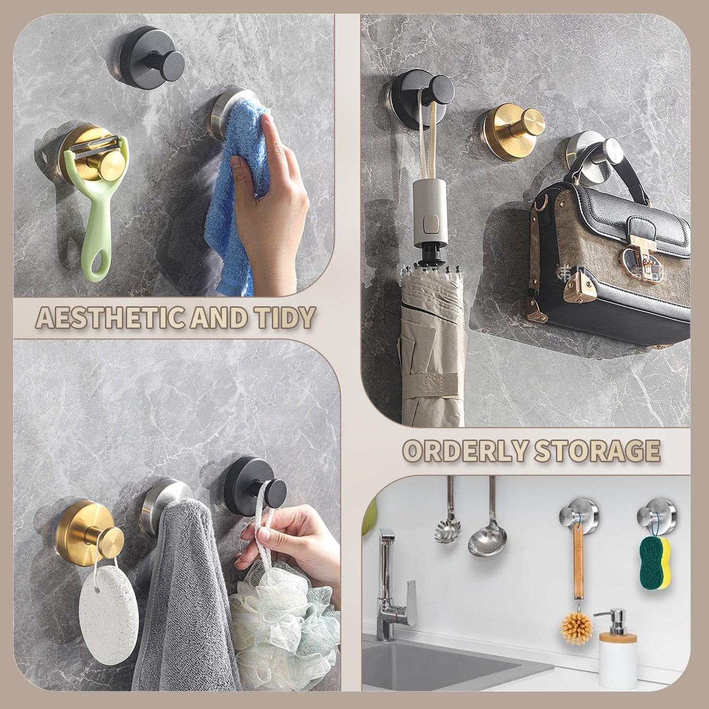 Skiennix Drill-Free Suction Cup Hooks - Stainless Steel Bathroom & Shower Organizer | 4 Pack, Black