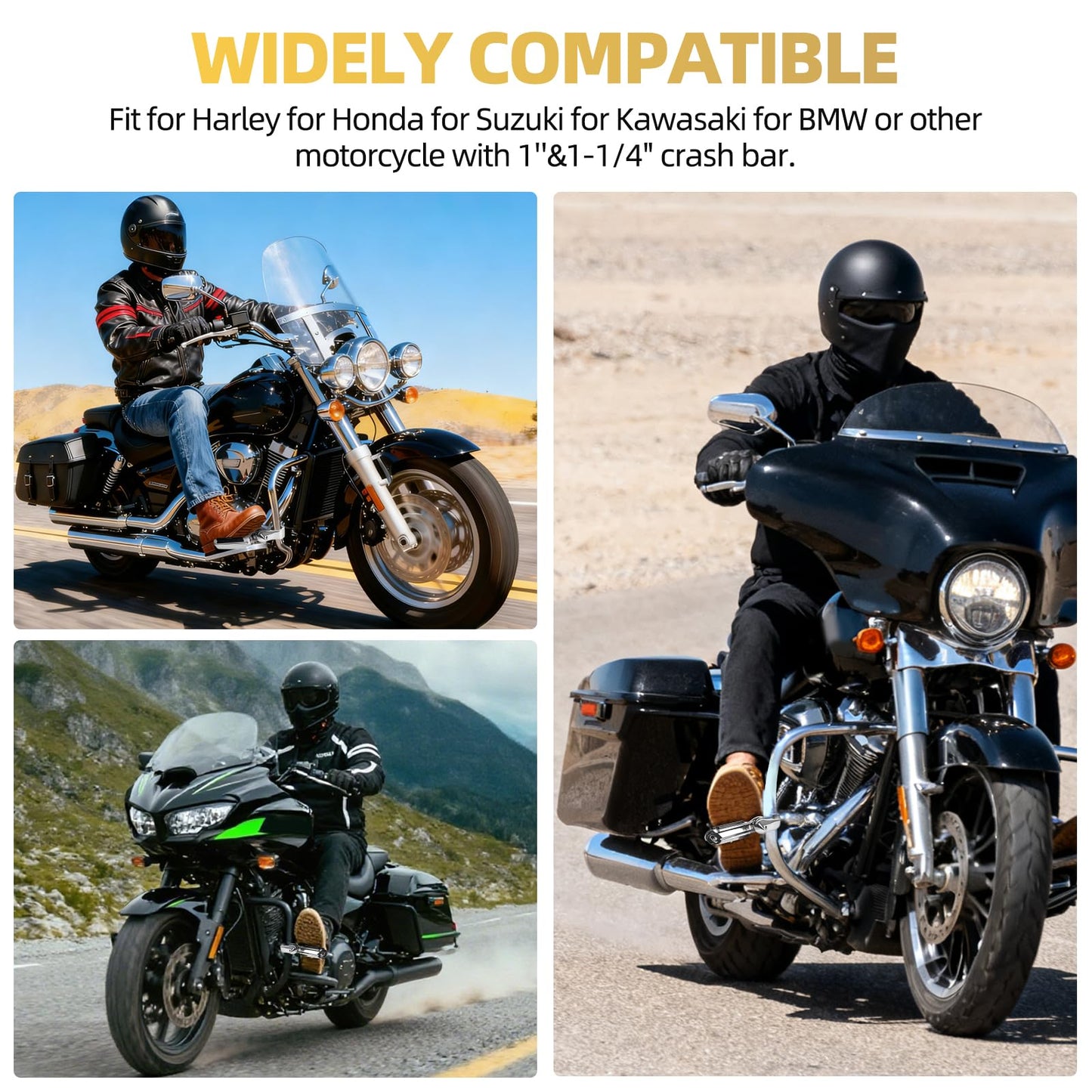 Upgraded Highway Footpegs, 1.25'' Motorcycle Highway Pegs Short Angled Adjustable Black and Rubber Style Fit for Harley Touring Street Glide Road King Softail Sportster Fit 1-1/4" Engine Guard(Chrome)