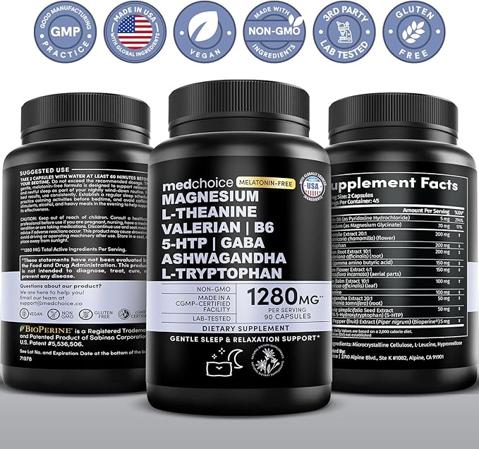 12-in-1 Sleep Support Capsules - Melatonin-Free and Non-Habit Forming Sleep Supplement with a Balanced Blend of Magnesium, Ashwagandha, L-Tryptophan, Valerian Root, GABA and 5-HTP (90 Capsules)