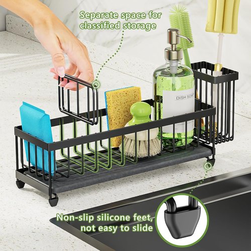 Cisily Extra Large Sink Caddy Organizer - Black Sponge & Dish Brush Holder for Kitchen Storage