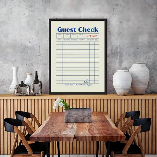 Licpach Canvas Print - Retro Guest Check Wall Art for Dining Room | Funny Blue Receipt Design - 8x12 Inch Black Frame