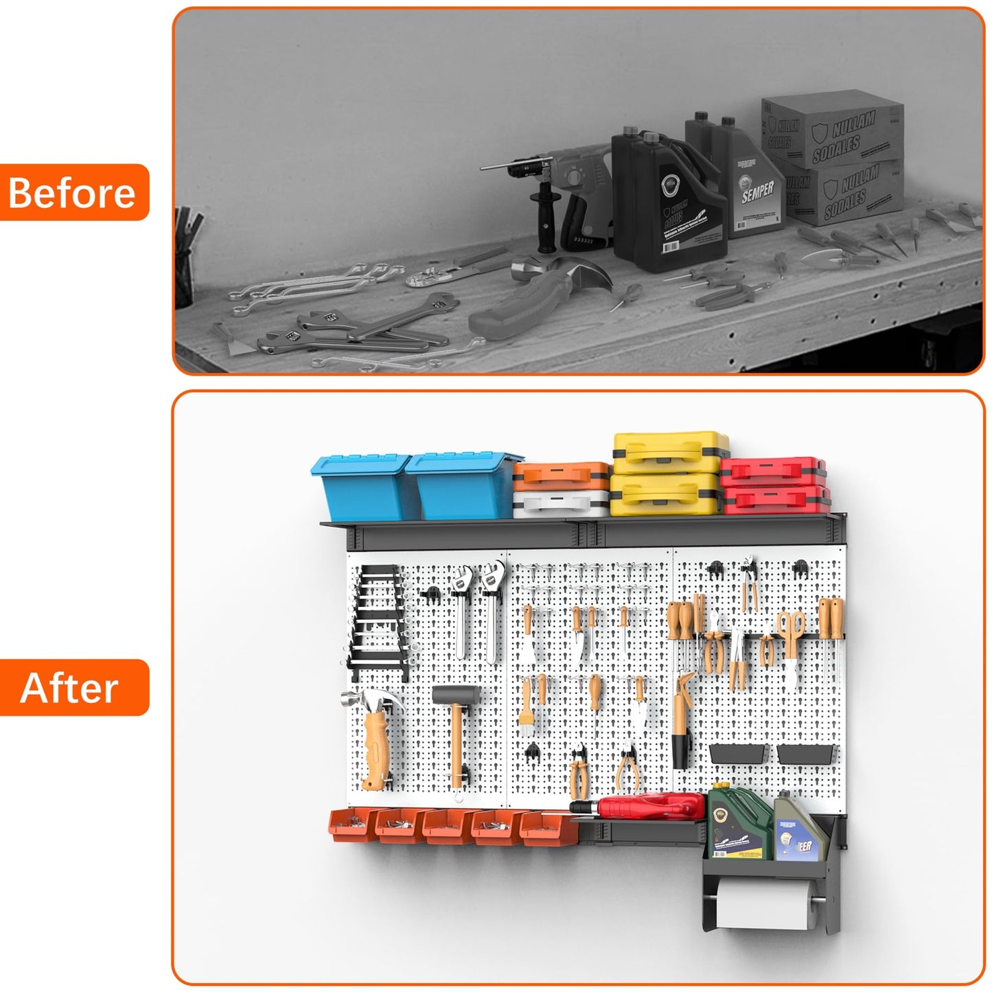 TORACK Pegboard Wall Organizer 4 ft. Garage Metal Pegboard Tool Organizer System, Tools Storage Peg Board Kit with Hooks and Accessories, Wall Mounted Storage Bins, Overhead Shelves