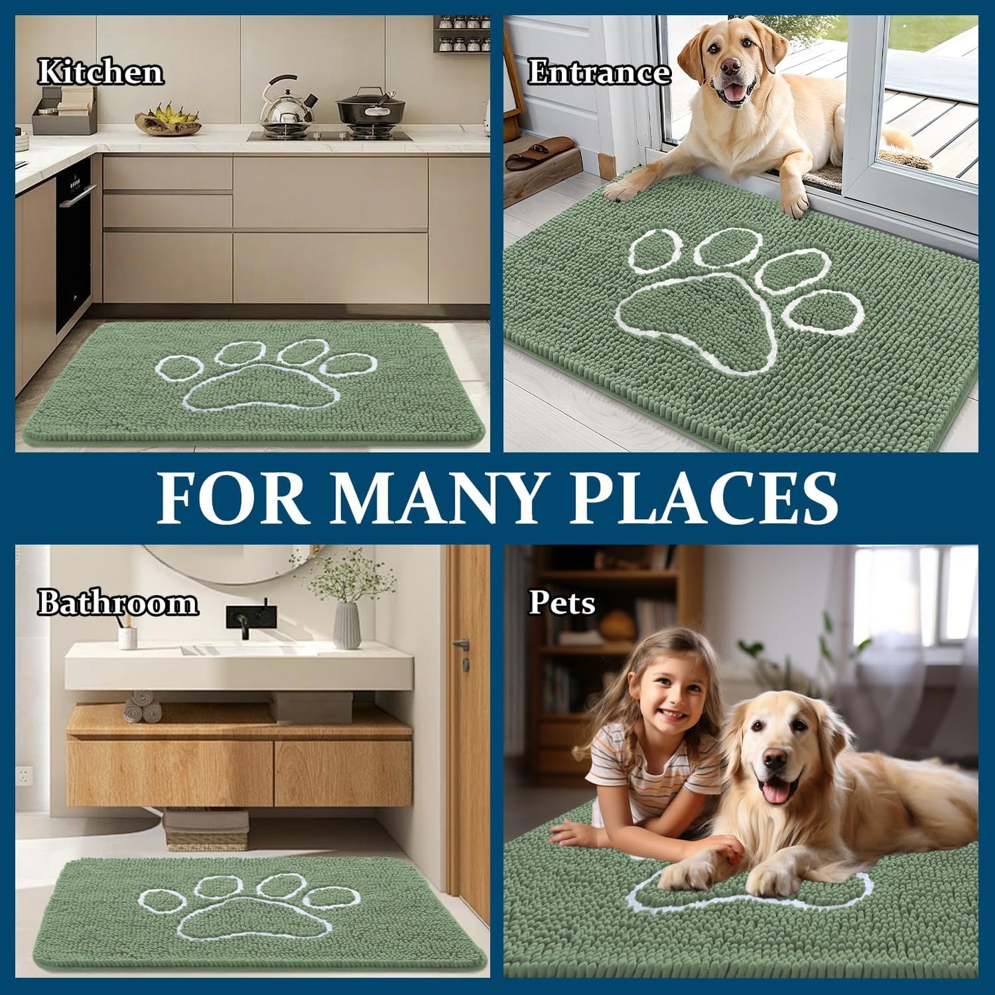 OLANLY Dog Door Mat - Absorbent Muddy Paws Doormat | Non-Slip Chenille, 36x24, Olive Green & White