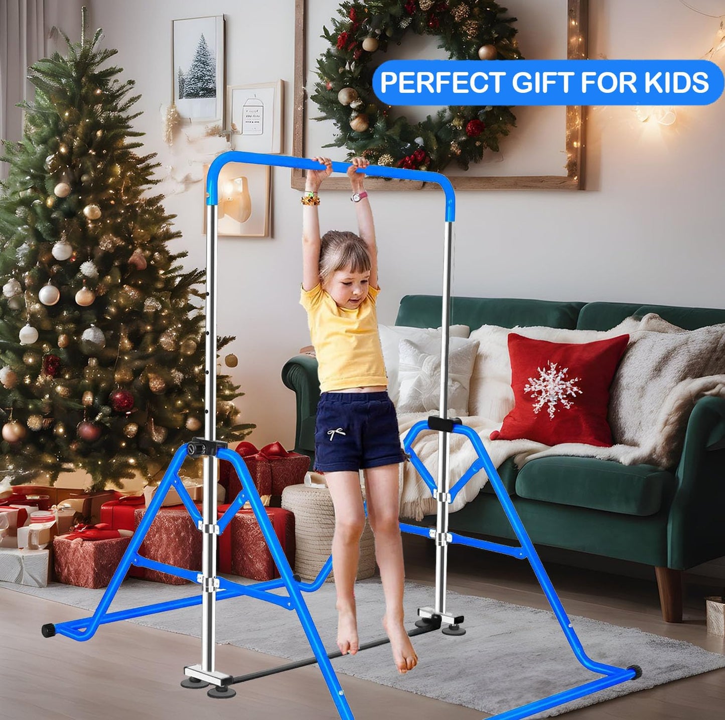 FCOUMY Gymnastics Horizontal Bar, Junior Training Kip Bar Gymnastics Equipment for Home, Adjustable Telescopic Height Folding Horizontal Bar with Gymnastic Rings for 3-12 Years Old Kids
