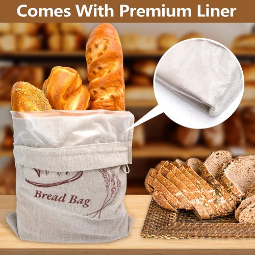 2-Piece Reusable Bread Bag Set. 13 x 17-inch linen bread bag with plastic liner keeps bread fresh and perfectly preserves baked goods.