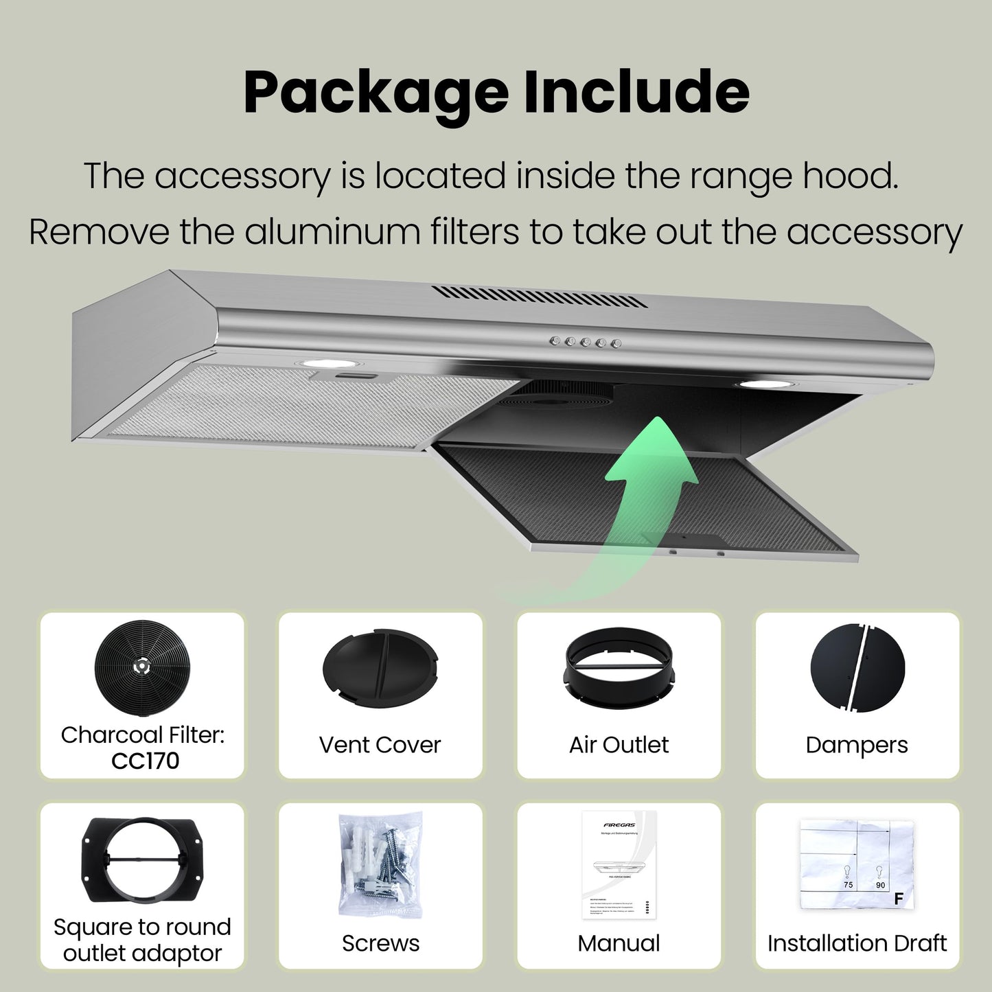 FIREGAS 30 Inch Under Cabinet Range Hood, 300 CFM Ducted/Ductless Kitchen Vent Hood Over Stove, 3-Speed Exhaust Fan with LED Light, Reusable Filter & Charcoal Filter, Stainless Steel