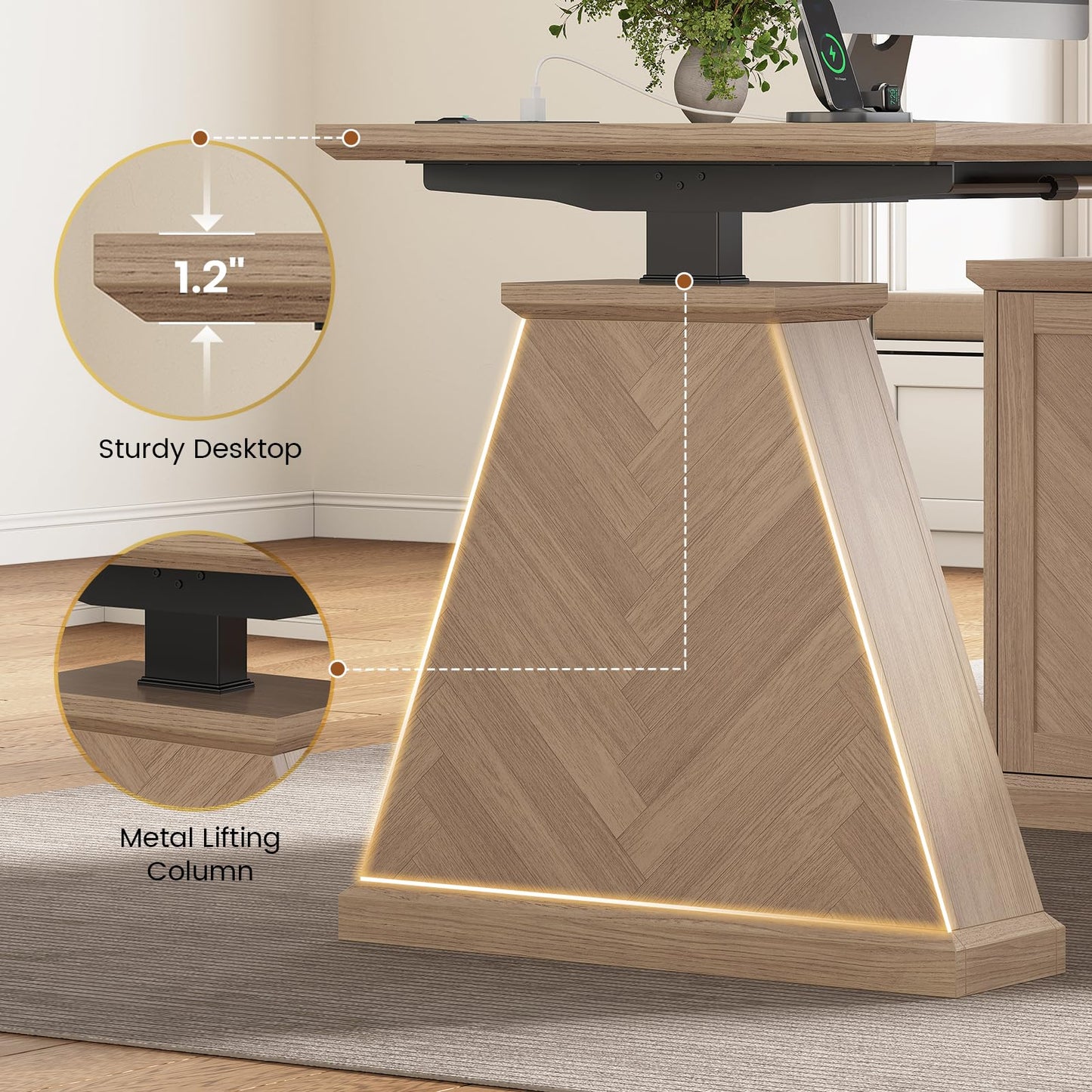 Farmhouse L Shaped Electric Standing Desk with Power Outlet & 2 Storage Cabinets, 55.1" x 47.2" Height Adjustable Office Executive Desk with File Drawer & Shelf, Large Business Computer Desks, Natural