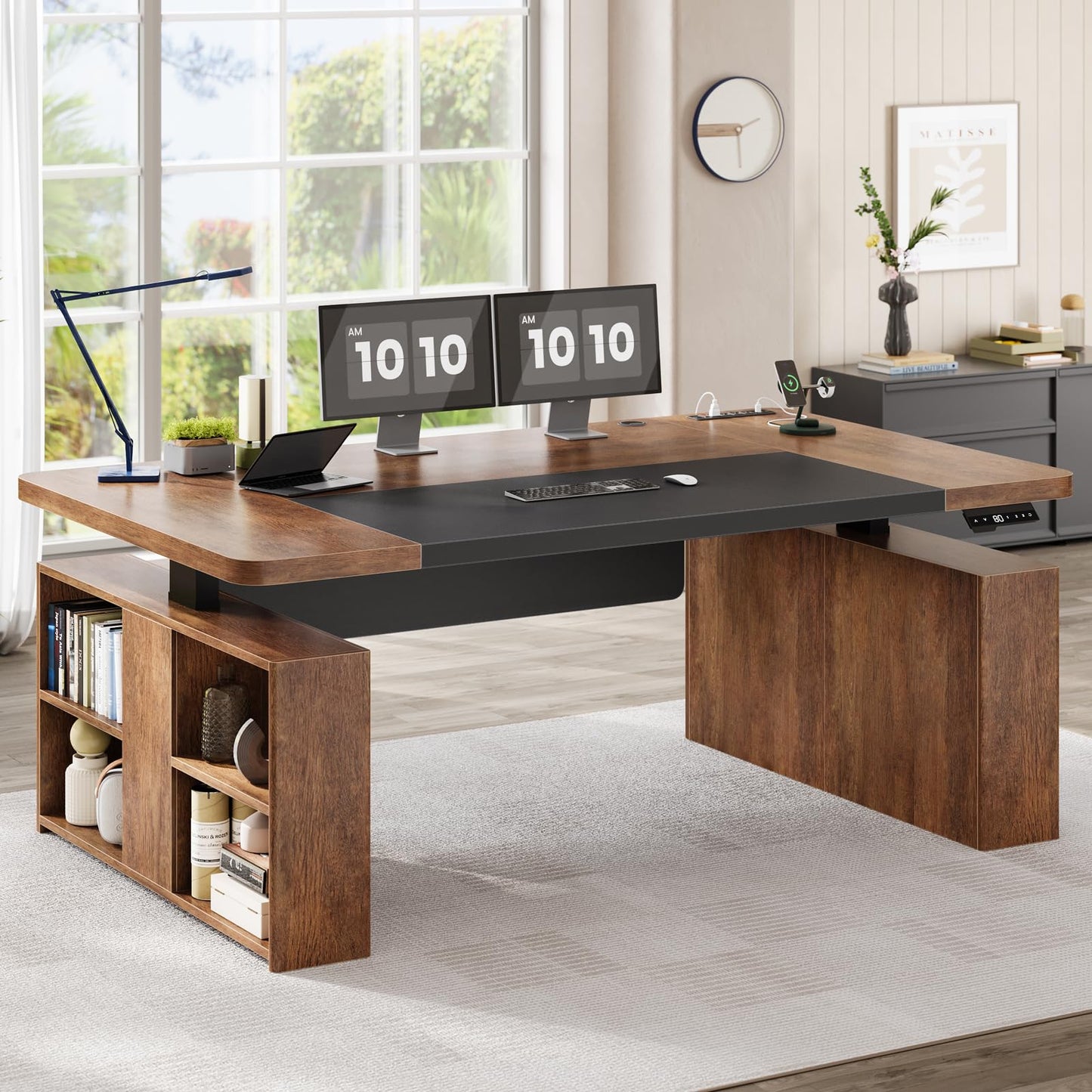 SEDETA 63" Executive Standing Desk with Storage, Executive Height Adjustable Desk with Power Outlets, Large Computer Office Desk with Privacy Panel for Home Office, Warm Golden Brown
