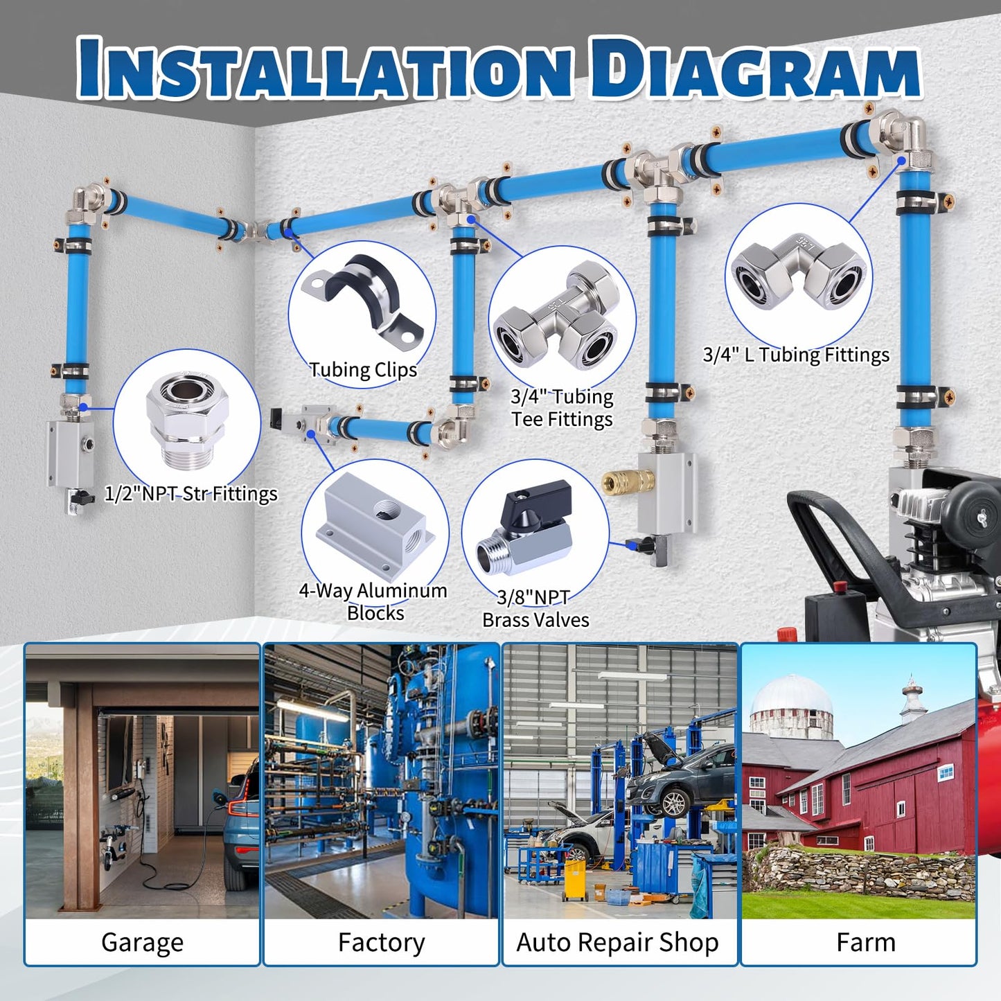 Boeray Shop Air Line Kit 3/4” 100FT Compressed Air Piping System HDPE-Aluminum-HDPE Air Tubing with 4-Way Aluminum Blocks Brass Valves Air Piping Fittings Kit Air Compressor Accessories for Garage