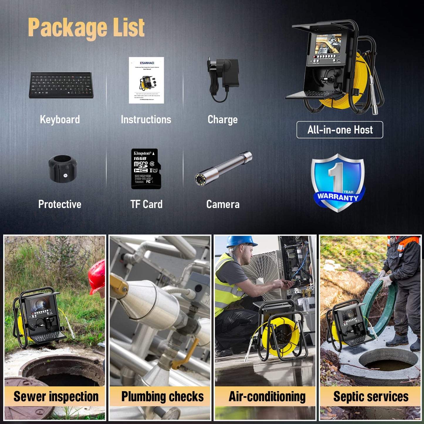 Sewer Camera 100ft Sewer Inspection Camera with Distance Counter and Keyboard 7" Screen IP68 Waterproof Industrial Endoscope Snake Camera 17MM Drain Pipe Inspection Camera