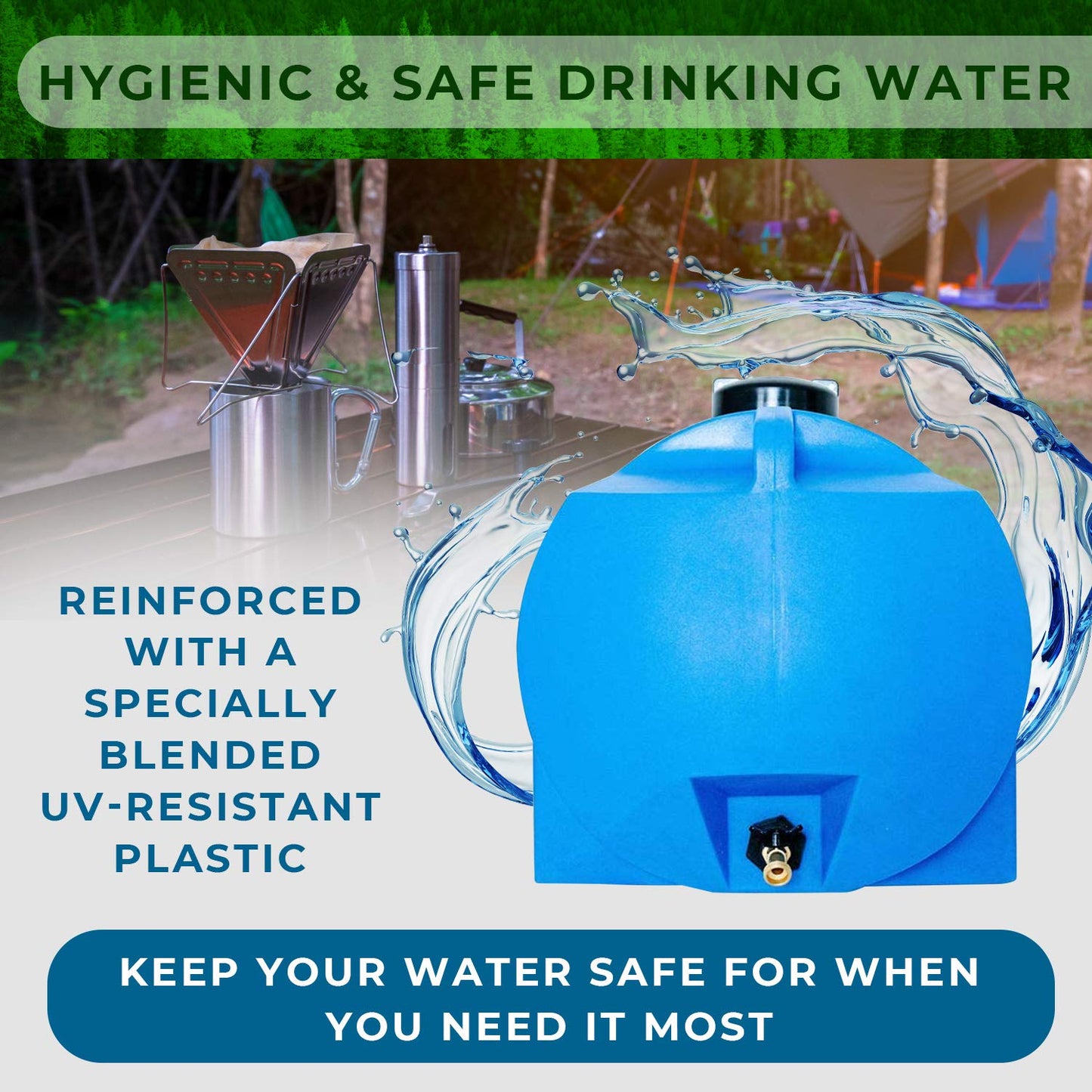 WaterPrepared Portable Water Tank, Plastic Handle & Hose Spigot, 35 Gallon, Blue - Heavy-Duty Beverage and Hydration Dispenser for Outdoor and Camping Trip