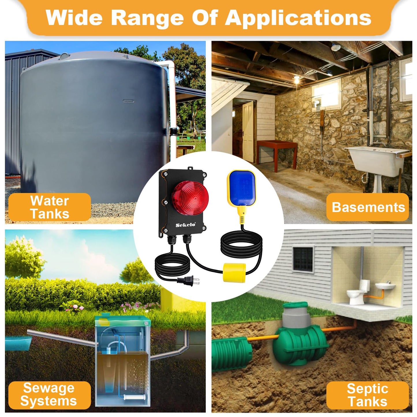 Sump Pump Alarm,Sekelo High Water Alarm with 10ft Level Float Switch,110dB Loud Alarm and High Brightness LED Indicator ,IP67 Indoor/Outdoor Use,Ideal for Septic Sump Pump Pond Water Tank