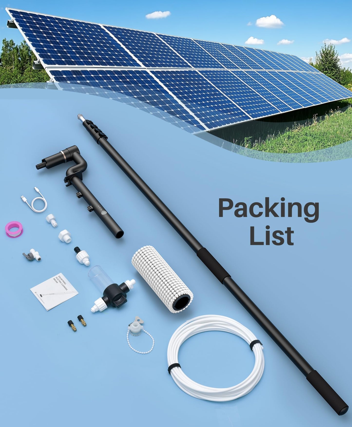 LyriFine Electric Solar Panel Cleaning Brush and Pole Kit, 20Ft Extendable Washing Kit with Water Fed Pole, 2 Speed & Soap Dispenser, Outdoor Window Cleaning Tool for Solar Panel, Window, Roof, RV