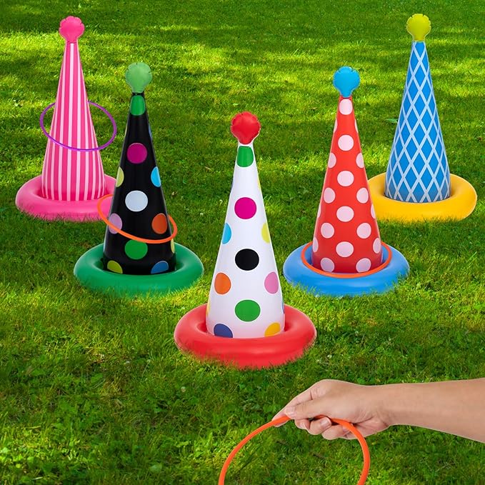 Inflatable Ring Toss Game, Birthday Party Games Ring Toss Game for Kids Adults Birthday Party Decorations Lawn & Yard Games Toys for Family 5-Pack with 10 Plastic Rings