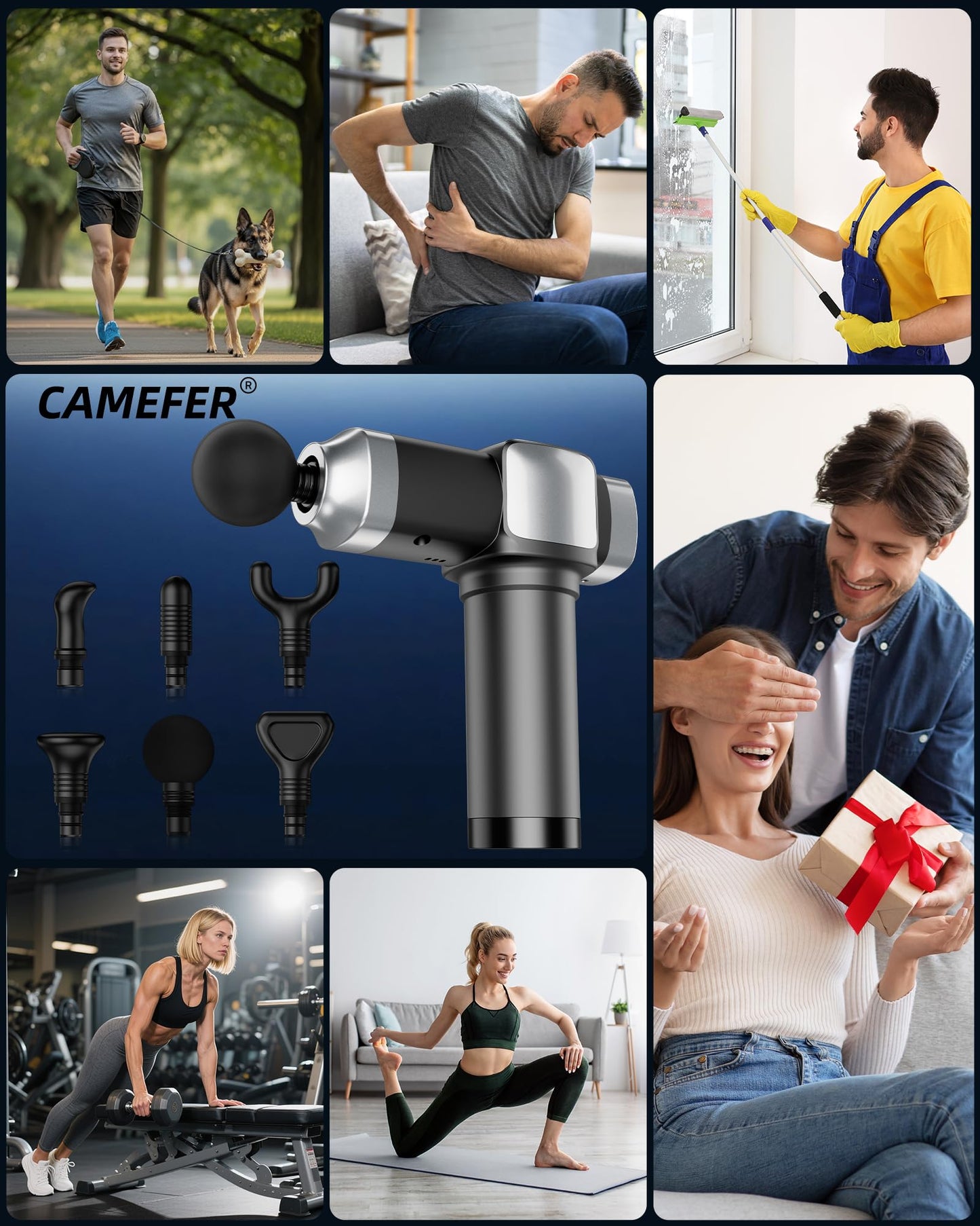 CAMEFER Massage Gun for Deep Tissue Pain Relief, Electric Handheld Percussion Muscle Massager for Back, Neck and Shoulders, 30 Speeds 6 Heads, Portable Massager Gift for Men Women and Athletes
