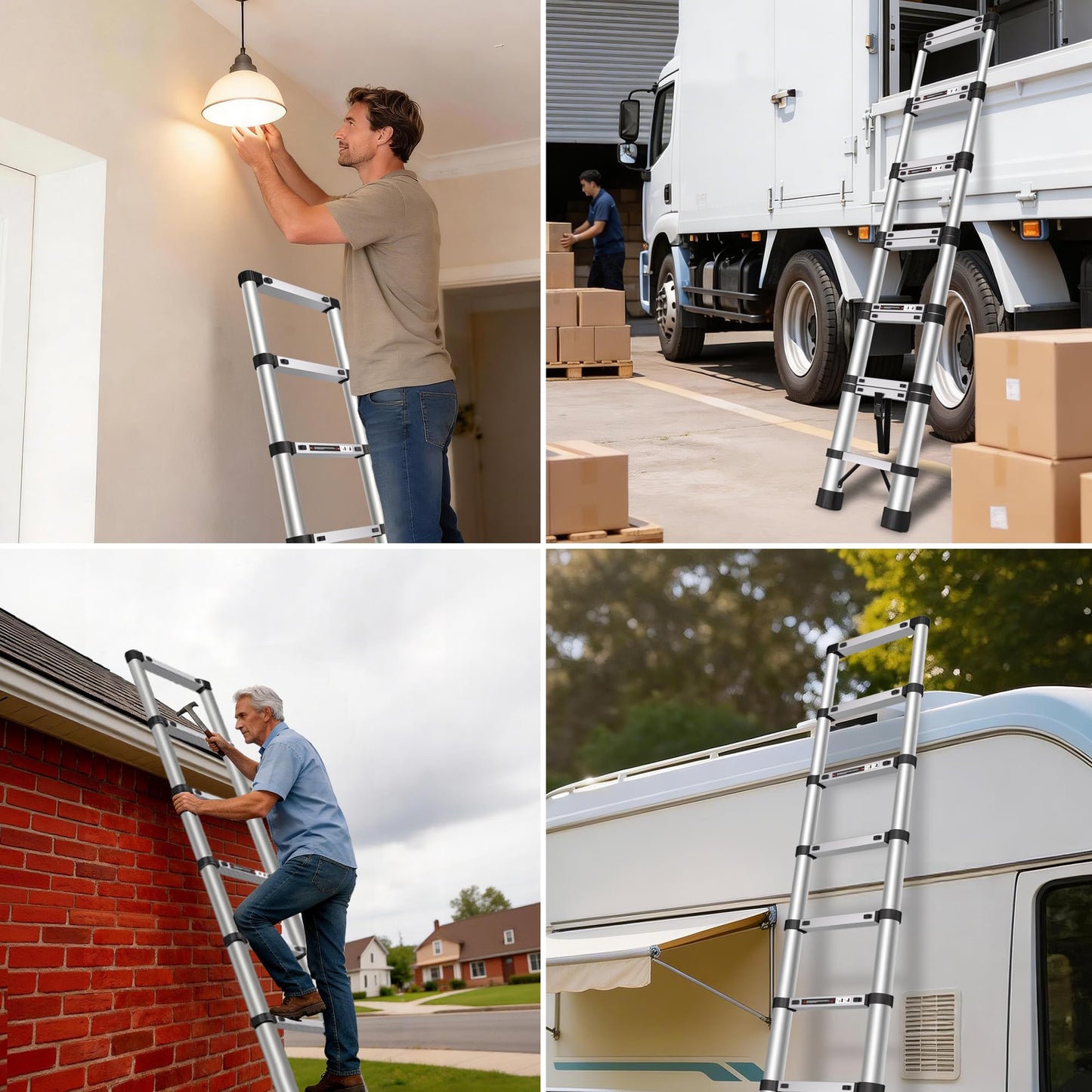 Telescoping Ladder 12.5 FT Telescopic Ladders Stainless Steel Extension Ladder with Triangle Stabilizers, Portable Collapsible Extendable Ladder for Home,RV,Outdoor Work,330lbs Max Capacity
