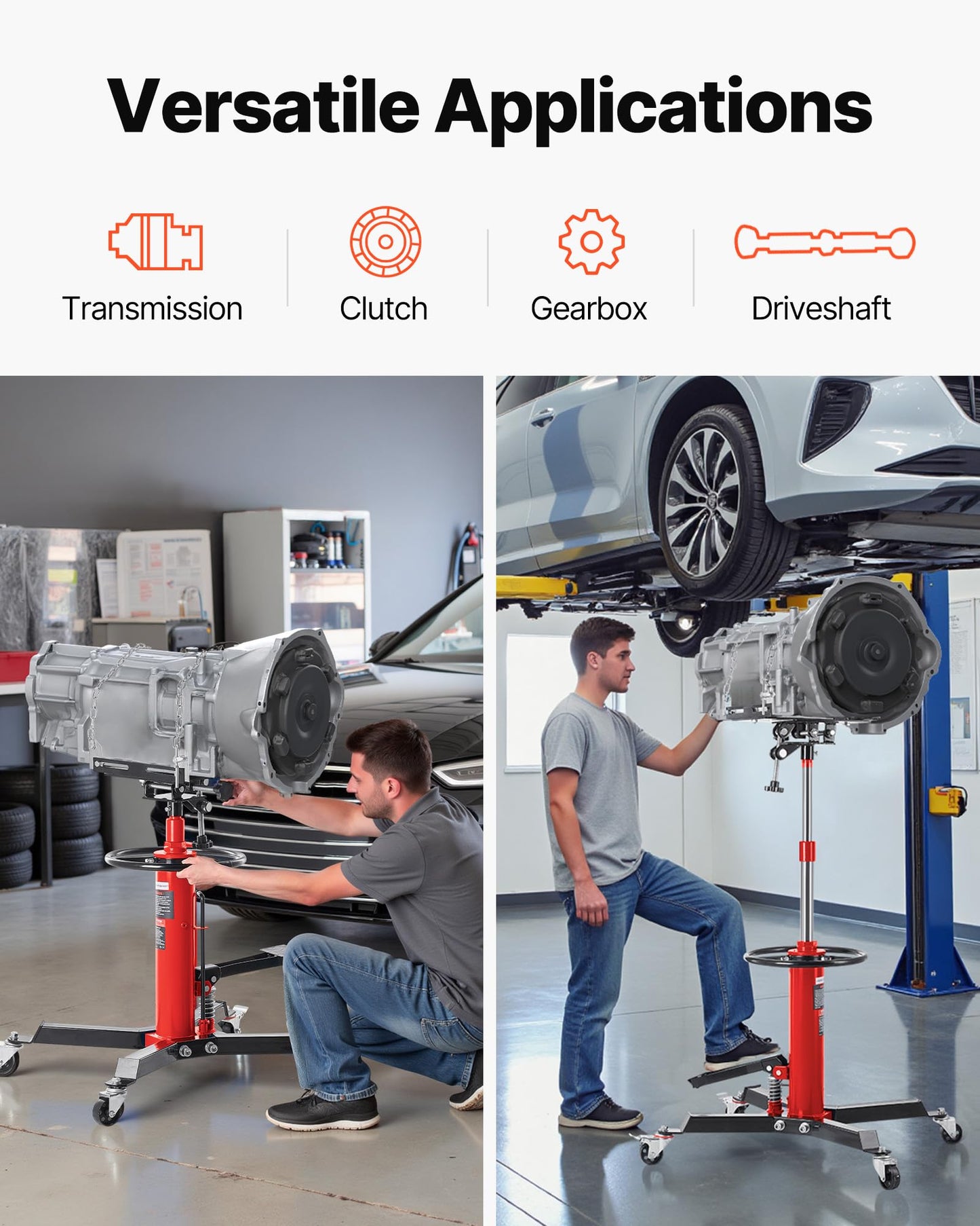 VEVOR 1/2Ton/1100lbs Capacity Hydraulic Transmission Jack, Car & Truck Compatible, 33.5-67 Inch Lift Range, 2-Stage Jack Stand with Foot Pedal, 360 Swivel Wheel, Red