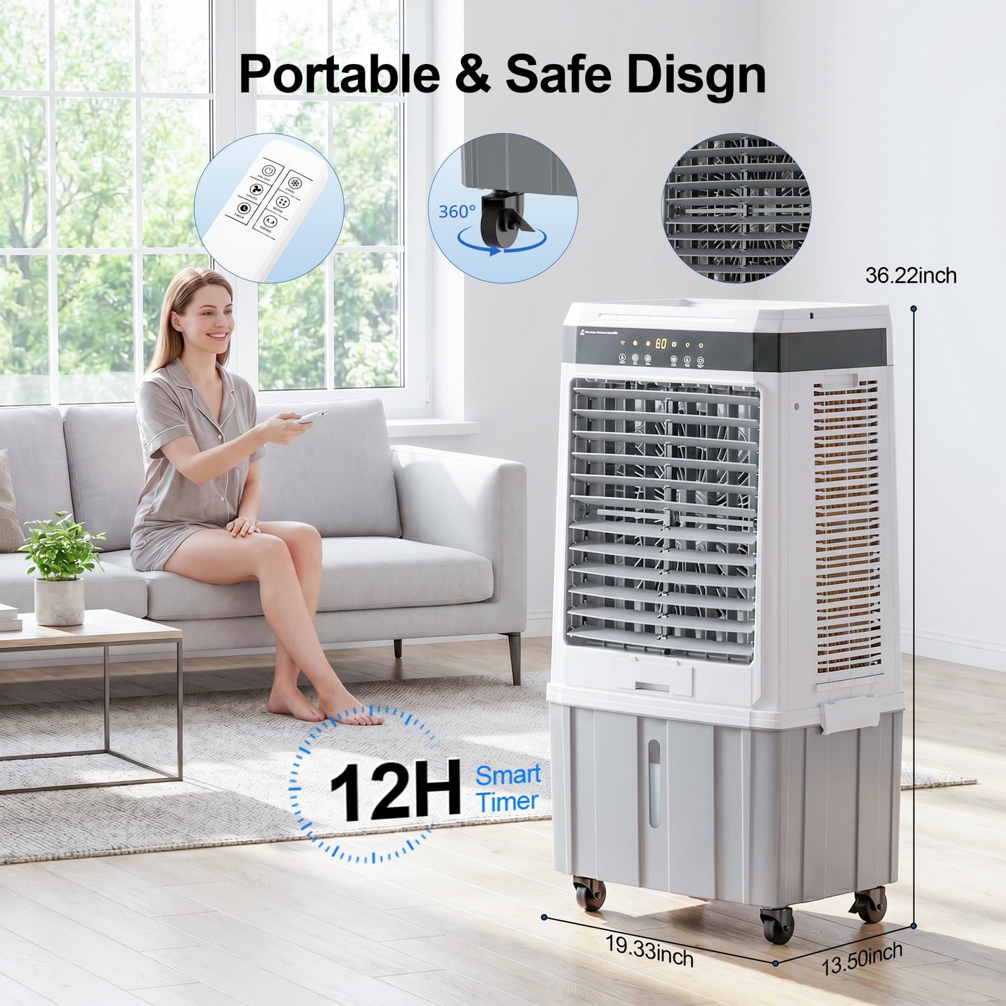 AKIRES 2800CFM Swamp Cooler Air conditioner,Evaporative Air Cooler with 9.5Gal Detachable Water Tank,Ice Packs,12H Timer,Portable Cooling Tower Fan for Indoor Outdoor White