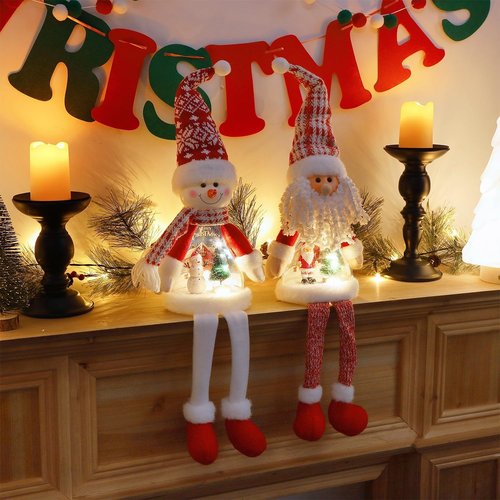 Juegoal Lighted Christmas Santa & Snowman Figurines - 24" Handmade Tabletop Ornaments with Miniature Scenes
