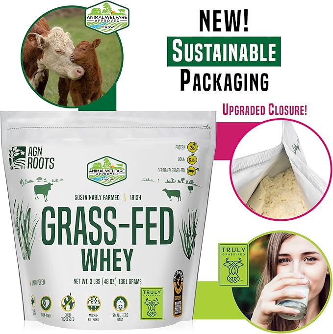 Grass Fed Whey Protein Powder Isolate - Unflavored - Unsweetened - Certified Entire Life On Pasture - A Greener World - ASPCA Registered Brand List - Informed-Sport - 3lbs
