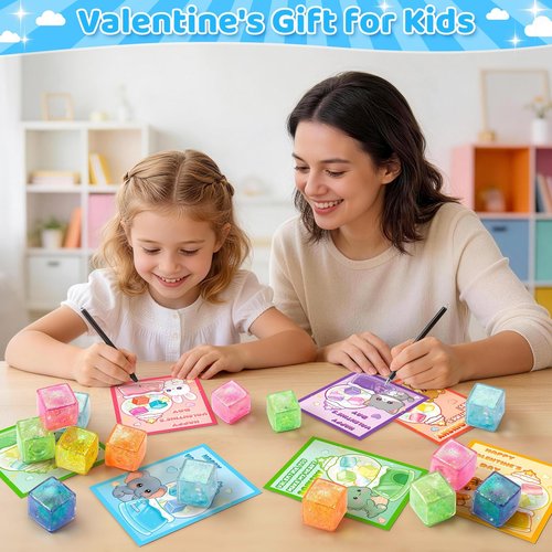 Class Valentines Day Gifts for Kids, 24 Pack Valentine Cards for Kids School with Ice Stress Cube, Squeeze Toy for Classroom Valentines Day Gifts Exchange, Valentine Party Favors Prize for Boys Girls